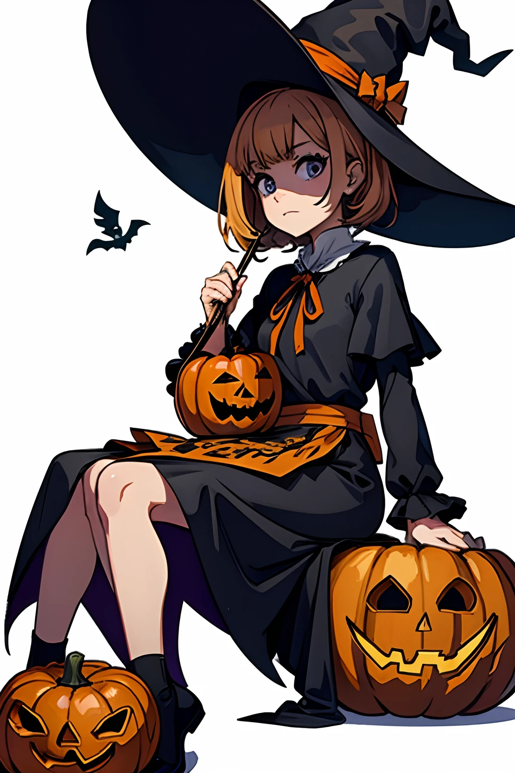 cute halloween quail in a witch costume, sitting next to a pumpkin and a Bowl of Sweets, white background, vector art, easy to remove background, tshirt art, watercolor