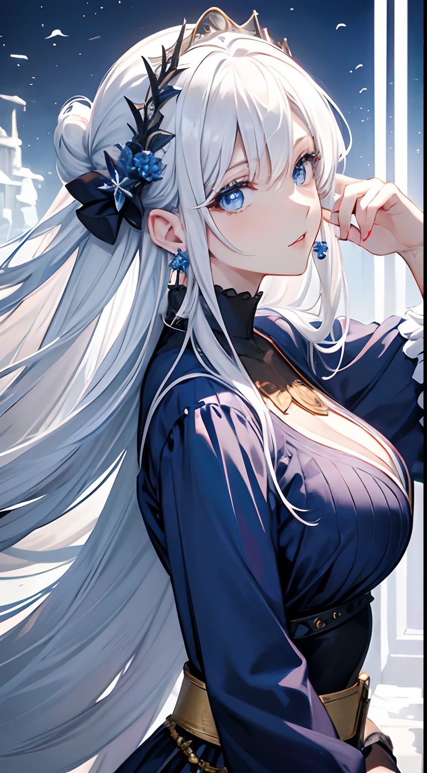 Cover magazine, anime, woman, solo, long hair, white hair, blue eyes, model, beautiful, fantasy, ice. Casual clothes. Hair accessories. Unusual hairstyles. Earrings.