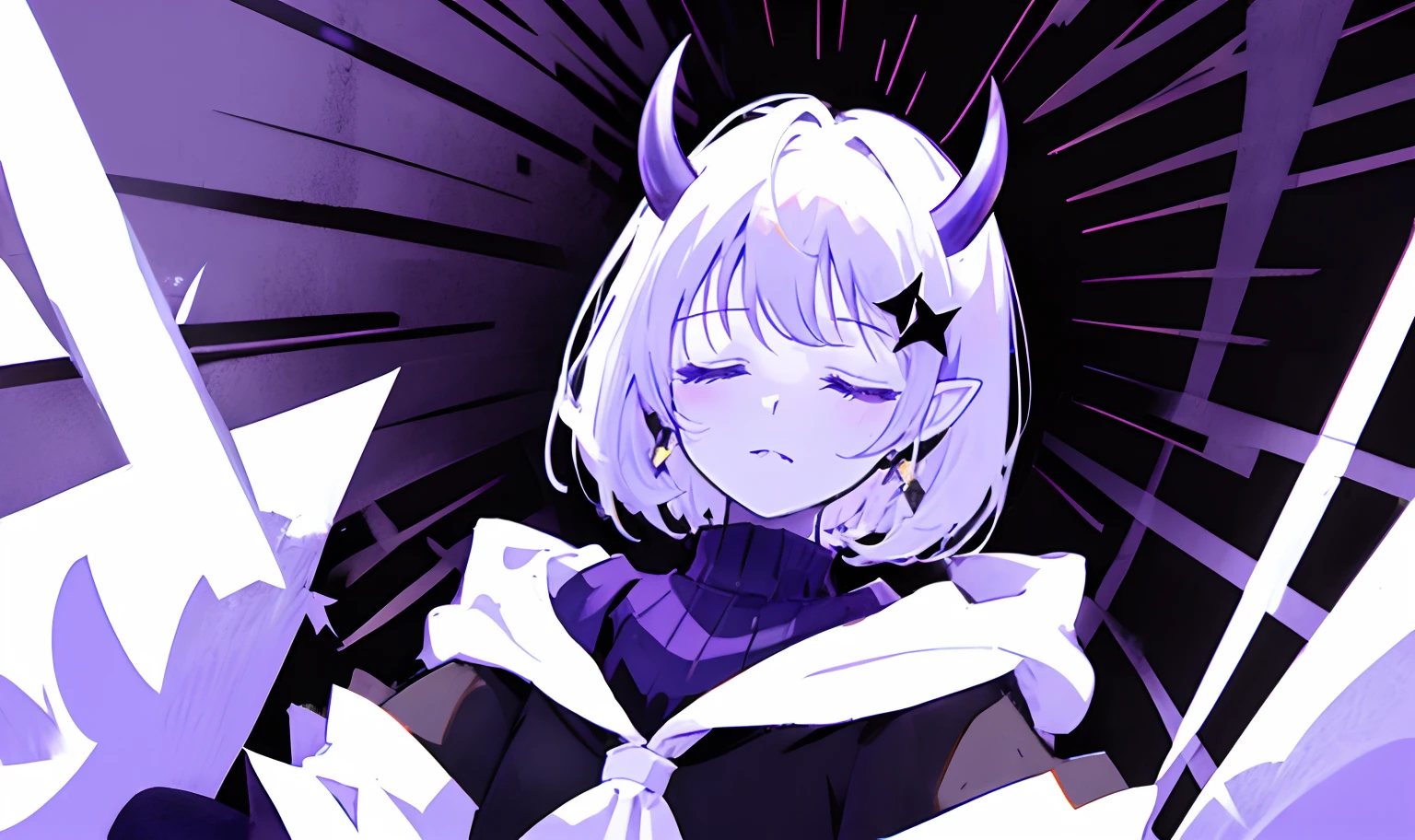 Single portrait screen，schoolgirls，Purple skin，White hair, curlies, Short hair,devil horns, Closed eyes, Eyes closed, Pointy ears, long and pointed ears，Black and white hip skirt