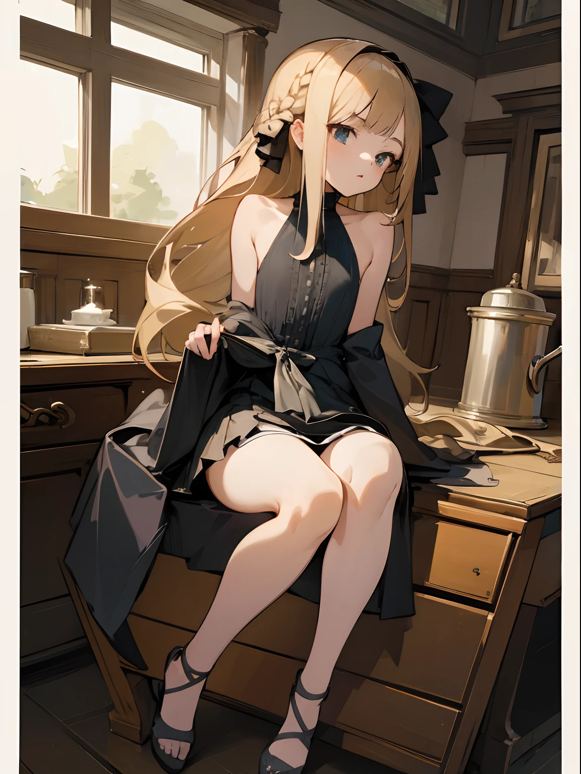 Reines, 1girl, high quality, best quality, illustration, masterpiece, (highly detailed:1.2), (extremely detailed:1.3), bare shoulders, young girl, string ribbon, short skirt, full body, braid, petite, , in a house