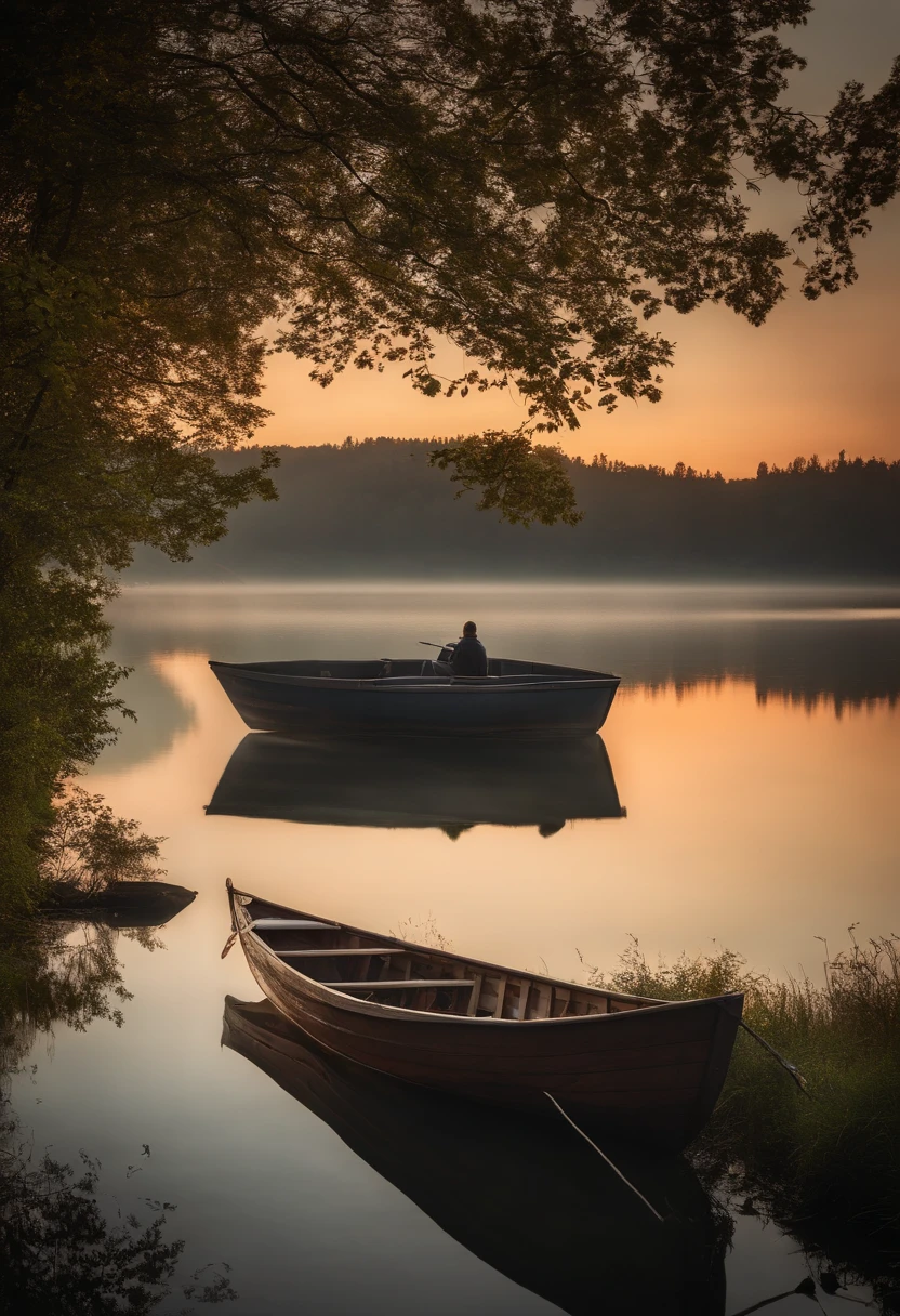 there is a man sitting in a boat on the water, tranquility, on the calm lake, by Gusztáv Kelety, colorless and silent, early morning mood, deep stillness and silence, tranquil scene, rowing boat, tranquillity, mikko lagerstedt, by Ferenc Joachim, in a serene landscape, by Sebastian Spreng