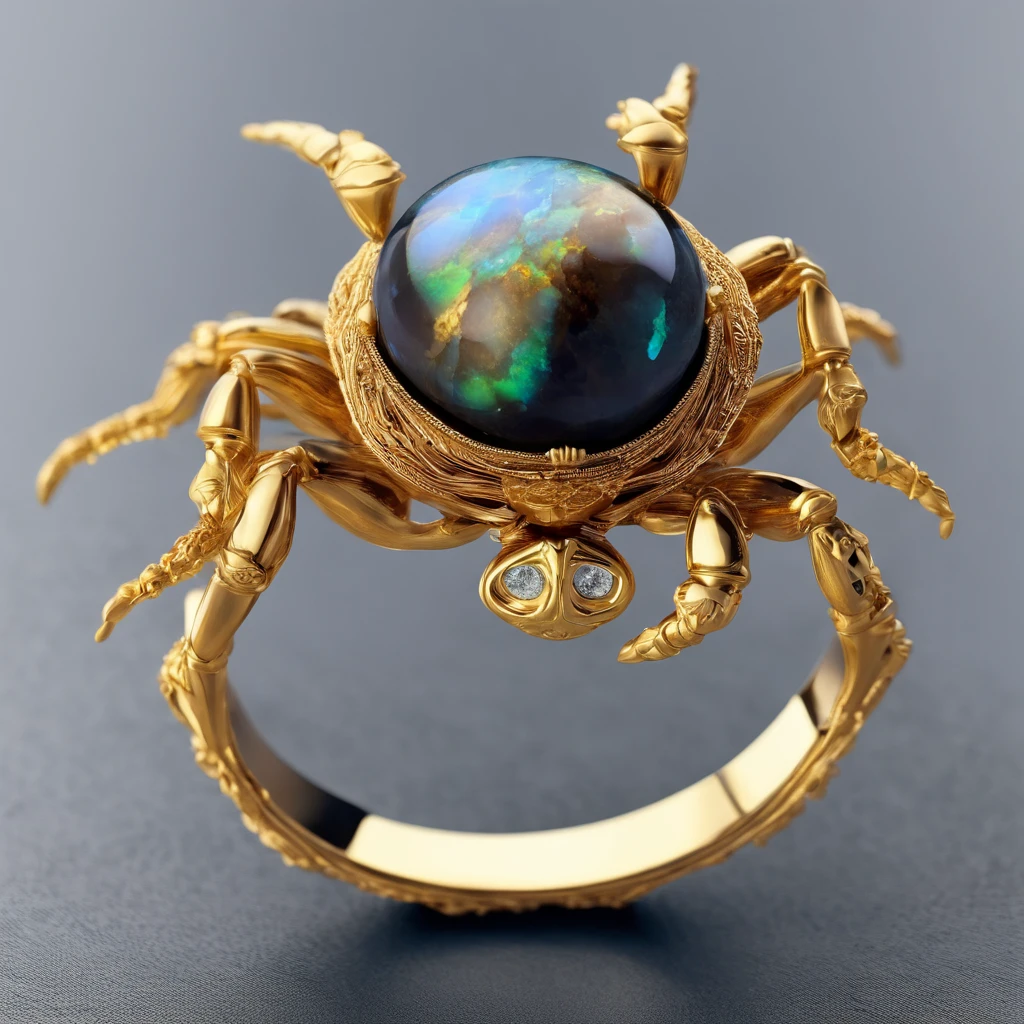 (A close-up of a ring with a boulder opal in the shape of a small crab),Crab eyes with black pearls,Complete limbs full of details, copious jewelry, ,Golden wire