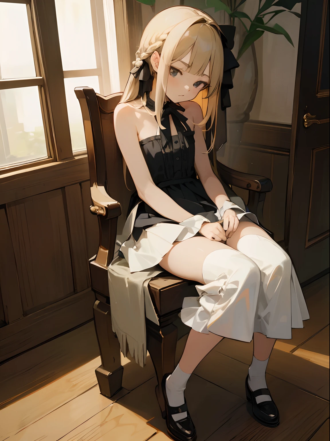 Reines, 1girl, high quality, best quality, illustration, masterpiece, (highly detailed:1.2), (extremely detailed:1.3), bare shoulders, young girl, string ribbon, short skirt, full body, braid, petite, ****, in a house