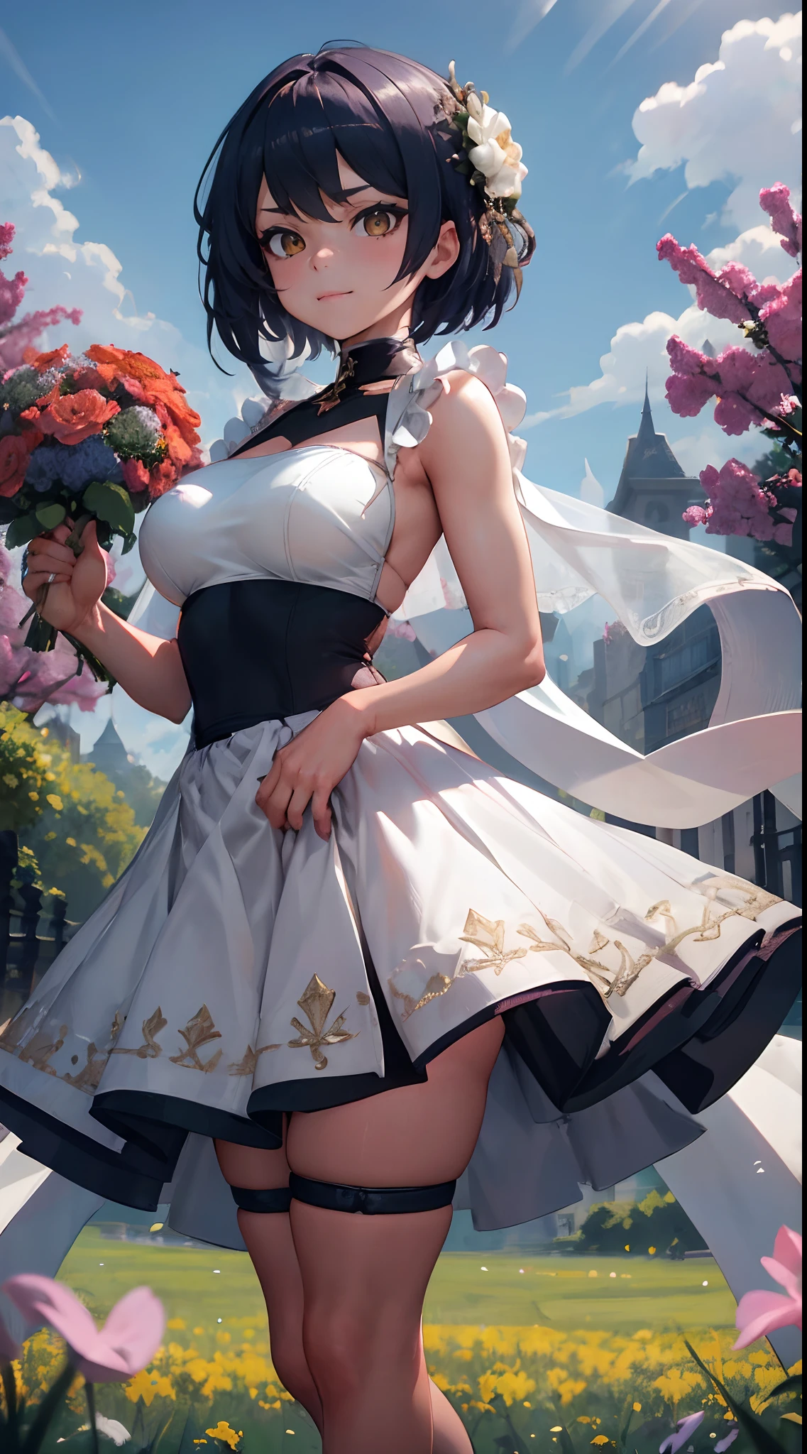 Kujou Sara | genshin impact, master-piece, bestquality, 1girls,25 years old, proportional body, proportional., Wedding Dresses, White Wedding Dress, Long skirt, wedding, ,bara, Standing in the middle of a flower garden, outdoor, wedding, The sky is beautiful, Both hands hold a bouquet of flowers................................................................................, View viewers from the front., Thigh strap, Head tilt, bored, 10, 10, HD, slight smile,