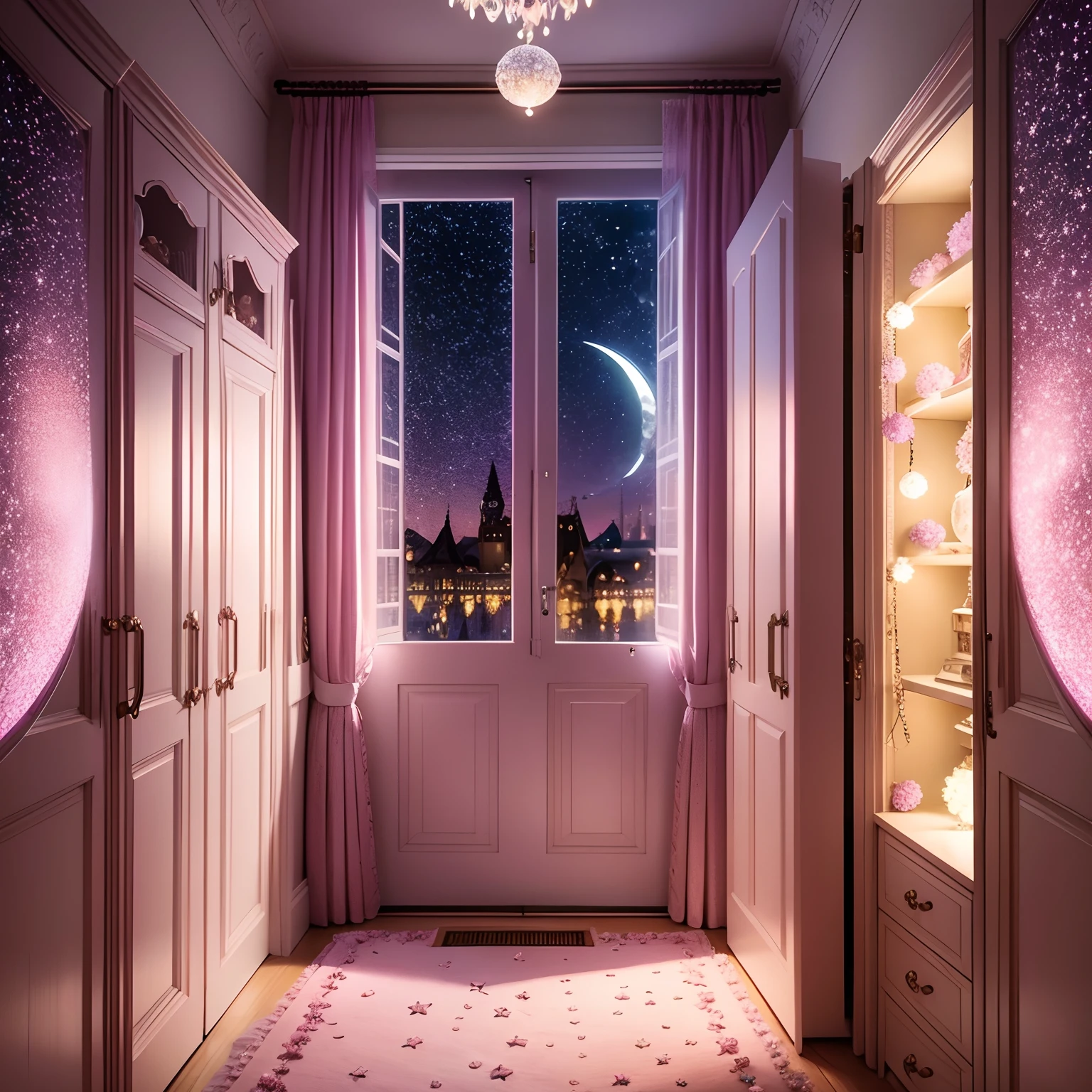 Floral closet a moon Starry sky seen from the window Pink Carpet Pearl ornament Colorful lights