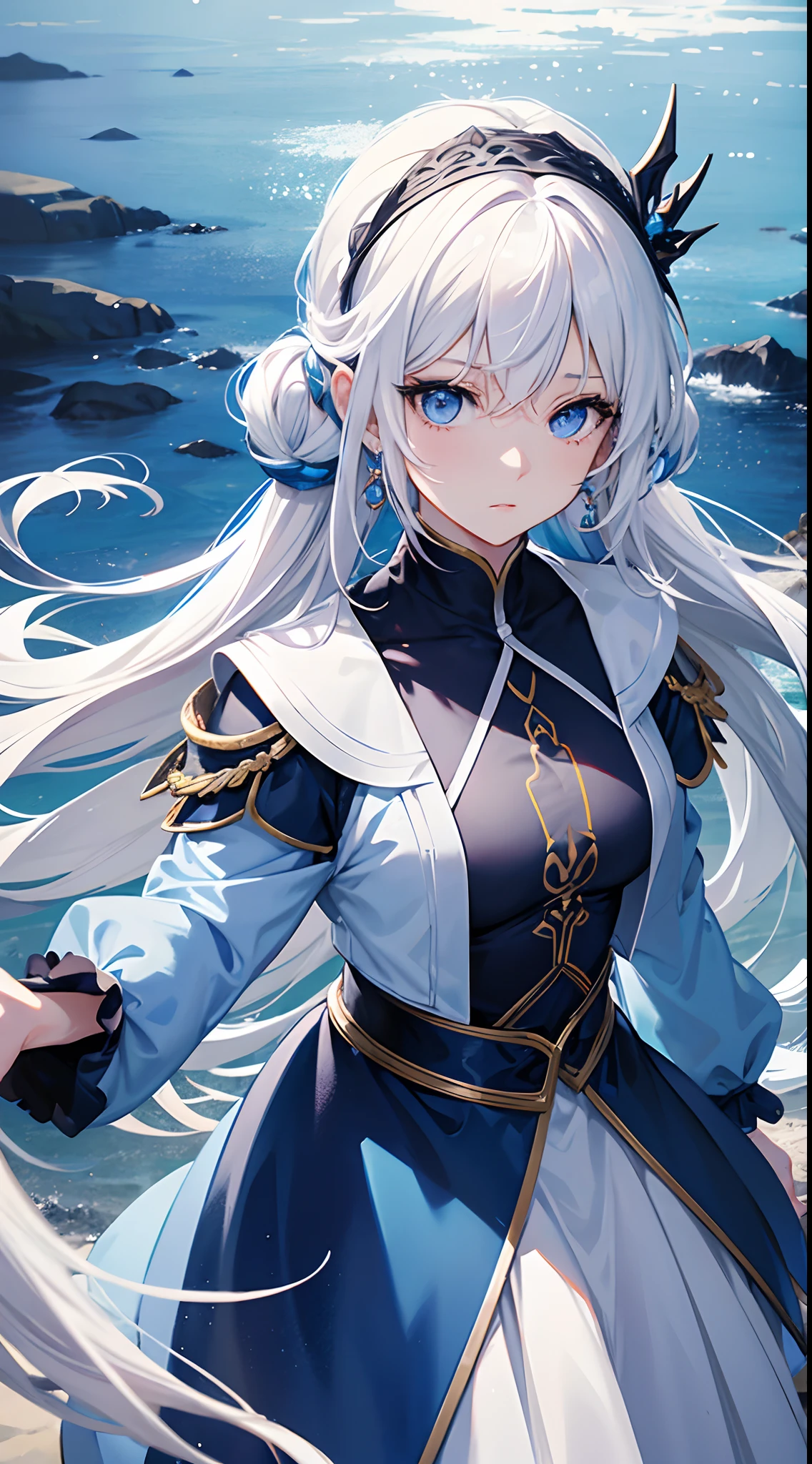 Cover magazine, anime, woman, solo, long hair, white hair, blue eyes, model, beautiful, fantasy, ice. Casual clothes. Hair accessories. Unusual hairstyles. Earrings.
