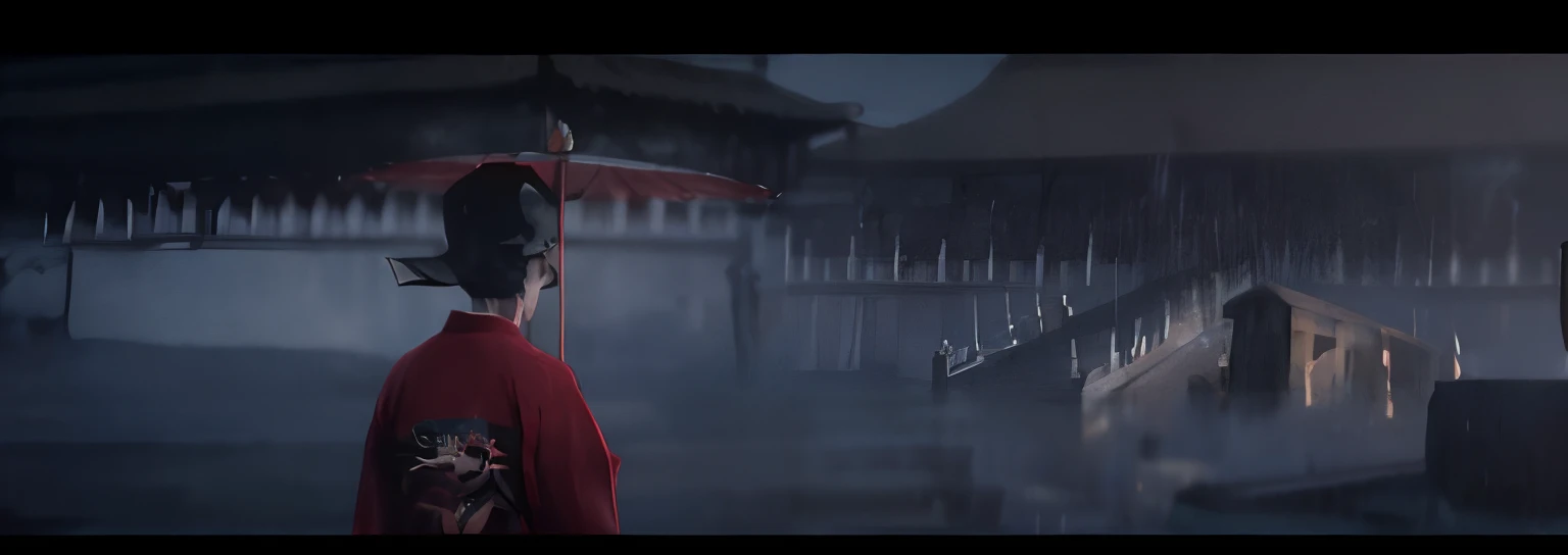 There was a man in a red shirt and black hat holding an umbrella, ps5 cinematic screen capture, detailed cinematic rendering, akihiko yoshida. illusory engine, Beautiful rendering of the Tang Dynasty, ghost of tsushima, in forbidden city rainning, japonisme 3 d 8 k ultra detailed, film render, Unreal Engine movies, Cinematic rendering