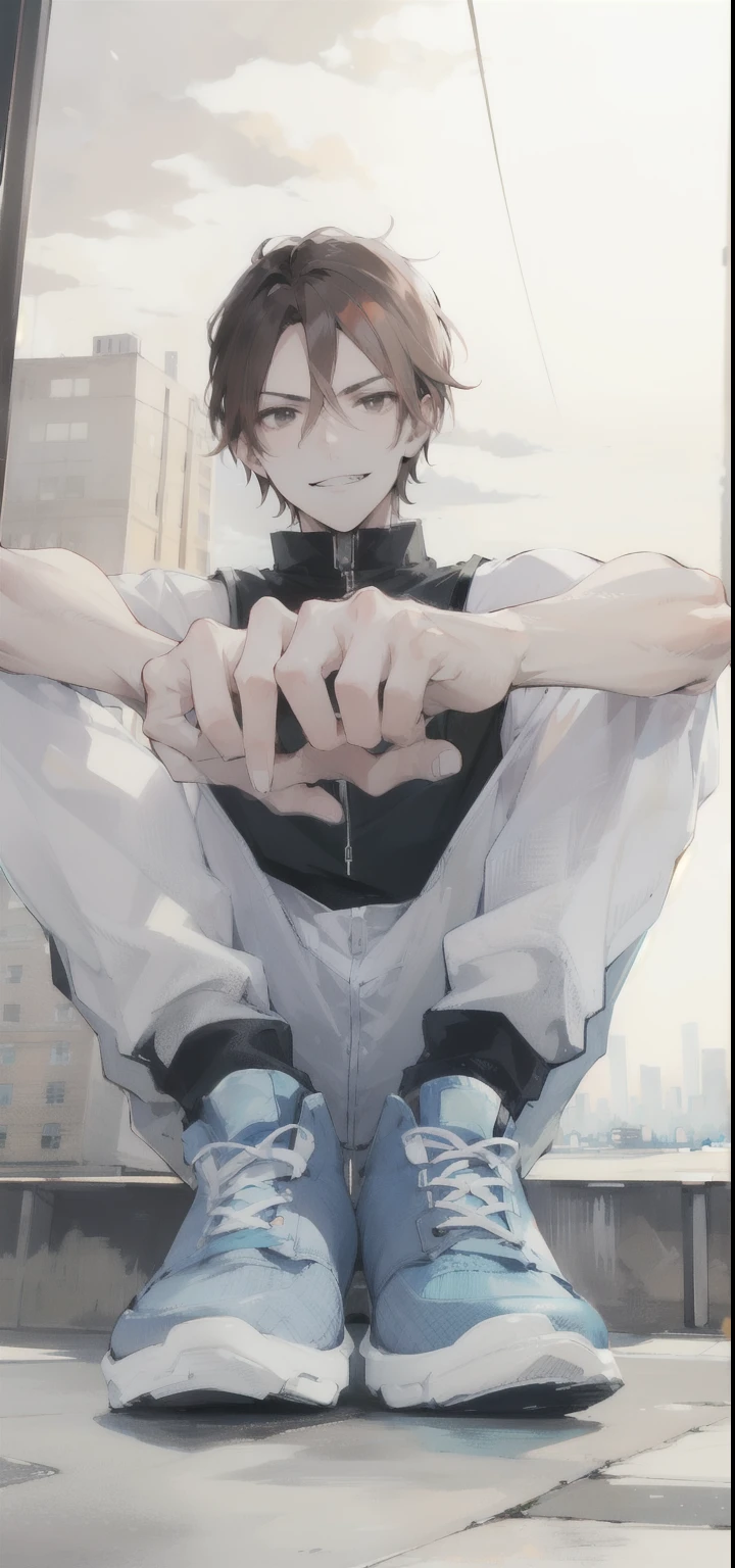 A man, brown hair and black eyes, wearing a glasses, short hair, night, city, badass, mascular, evil smile