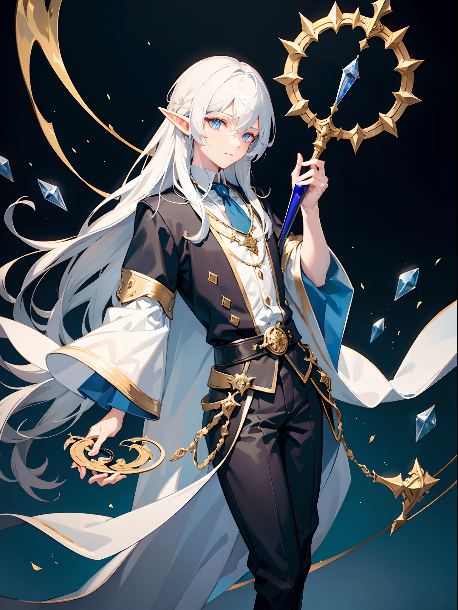 1 boy, half elf, medium length white hair, crimson eyes, holding in one hand an ebony magic staff with a large glowing sapphire crystal on one end, blue magician hat with gold trim, white collared shirt, blue vest, blue magician robe with gold inlays, black pants, fantasy city, absurdres, high res, 8k, masterpiece, looking at viewer