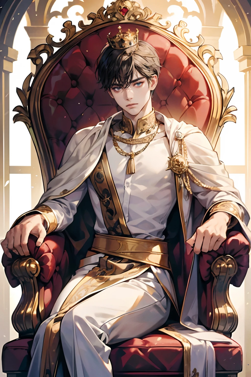 1boy, young male, Perfect male body,Eyes look to camera, (king,Wear a crown,frown, sit on throne, ornate jewels, ),Ray tracing,Portrait, (tmasterpiece, high resolution, ultra - detailed:1.0)