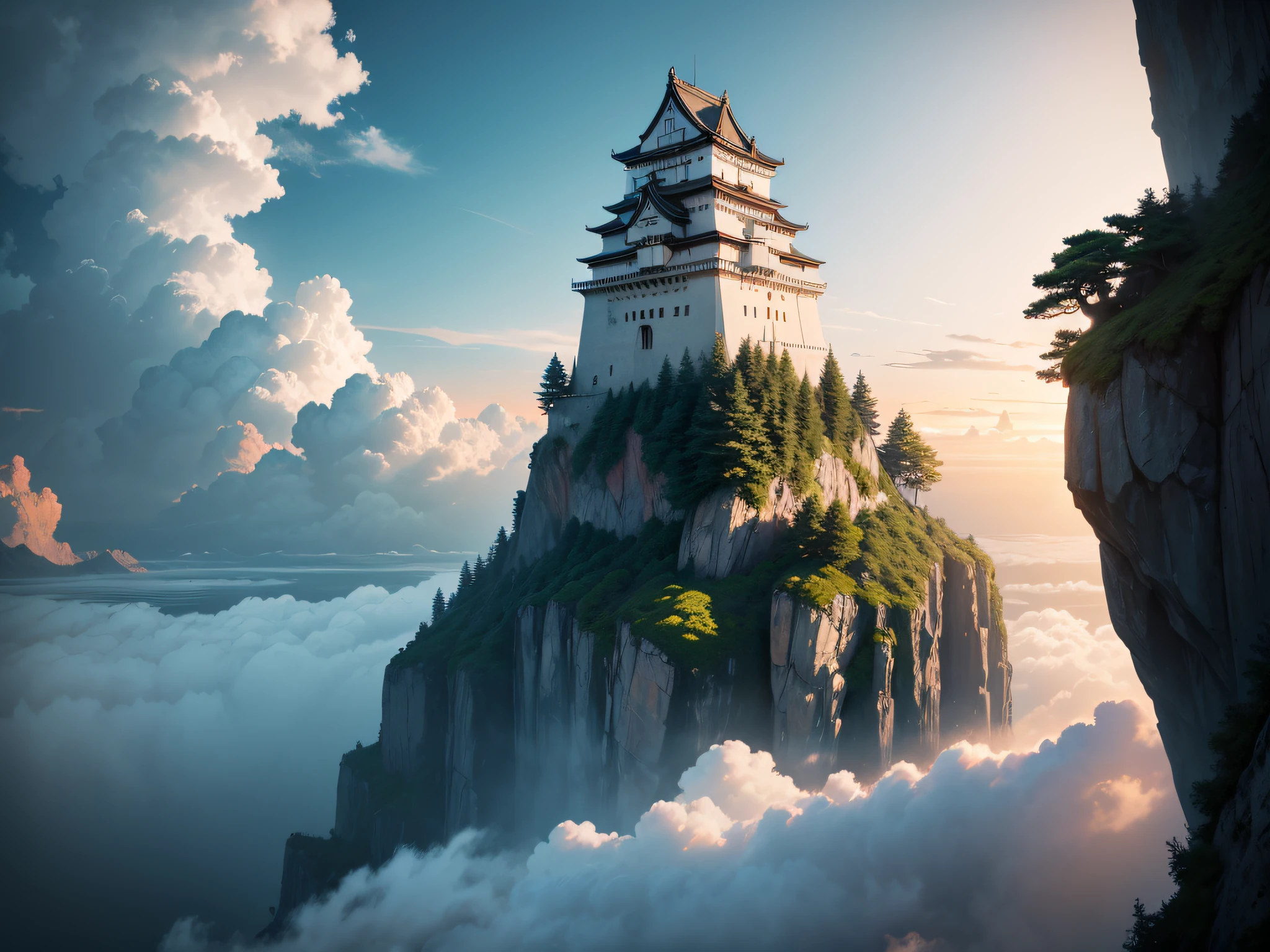 Japan castle perched on a towering cliff（Similar to Himeji Castle）、Create a fantastic-looking landscape surrounded by a spectacular sea of flowing clouds、, from above, wide shot, f/2.8, 35mm, UHD, retina, masterpiece, ccurate, super detail, high details, high quality, award winning, best quality, highres, 1080P, HD, 4K, 8k