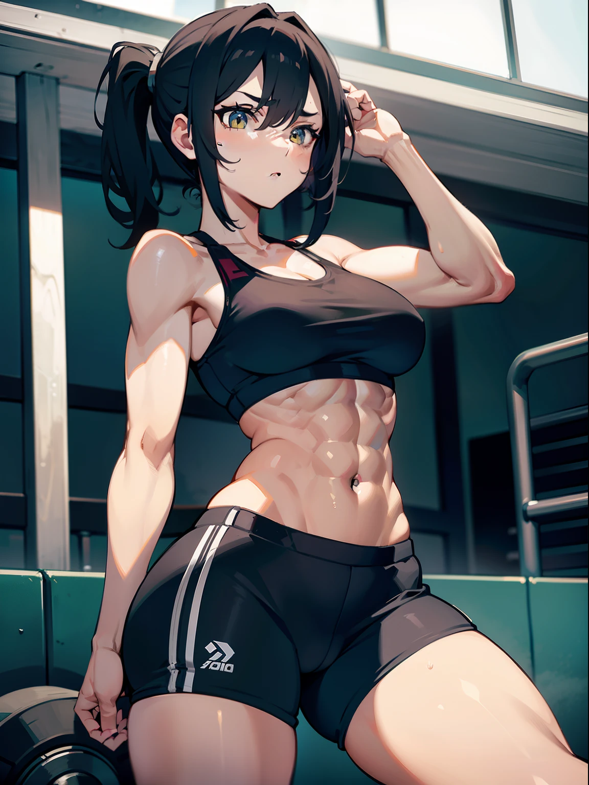 Athletic, one girl, toned body, sports bra, booty shorts, jogging clothes, toned arms, sweaty, thick thighs, large breasts, abs, solo