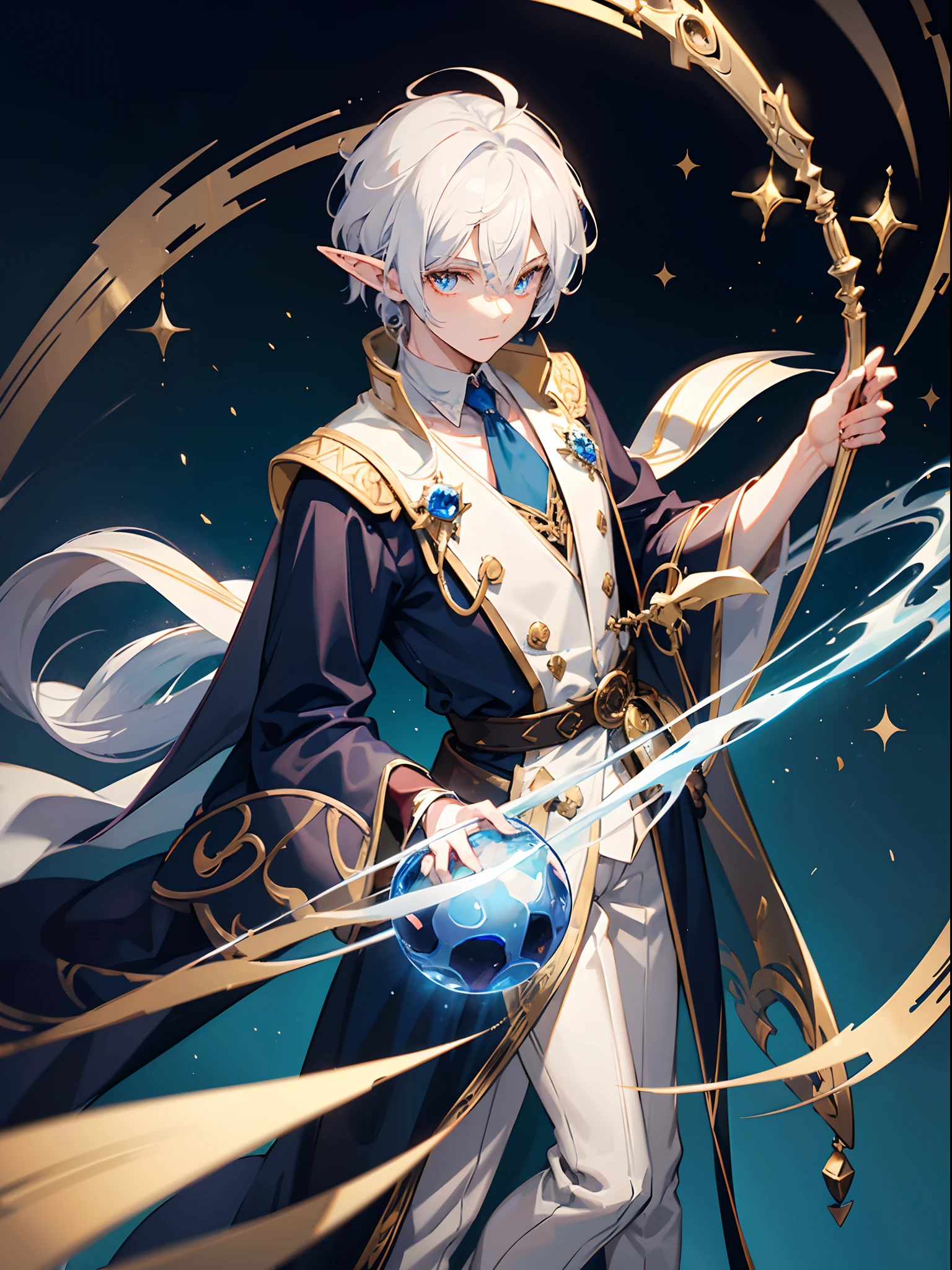 1 boy, half elf, medium length white hair, crimson eyes, holding in one hand an ebony magic staff with a large glowing sapphire crystal on one end, blue magician hat with gold trim, white collared shirt, blue vest, blue magician robe with gold inlays, black pants, fantasy city, absurdres, high res, 8k, masterpiece, looking at viewer