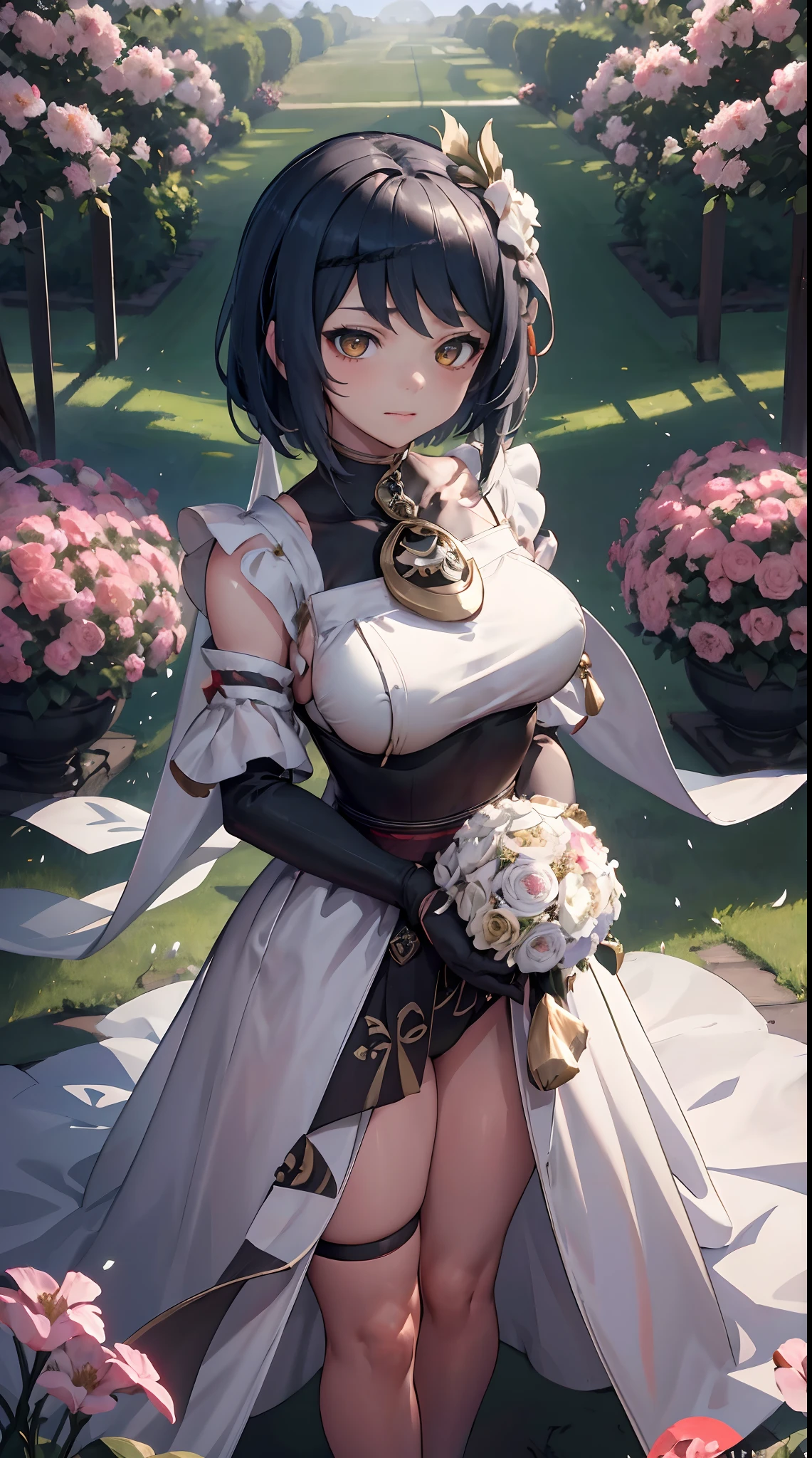 Kujou Sara | genshin impact, master-piece, bestquality, 1girls,25 years old, proportional body, proportional., Wedding Dresses, White Wedding Dress, Long skirt, wedding, ,bara, Standing in the middle of a flower garden, outdoor, wedding, The sky is beautiful, Both hands hold a bouquet of flowers................................................................................., View viewers from the front., Thigh strap, Head tilt, bored, 10, 10, HD, slight smile,