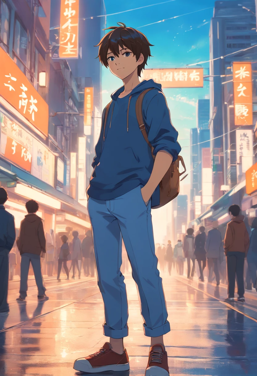 A boy, transformed into an anime style, with exaggerated unique facial features and clothing, standing on a bustling city street, backlit background highlighting the subject, high-contrast colors, 4K high-definition quality，young, smiling, handsome