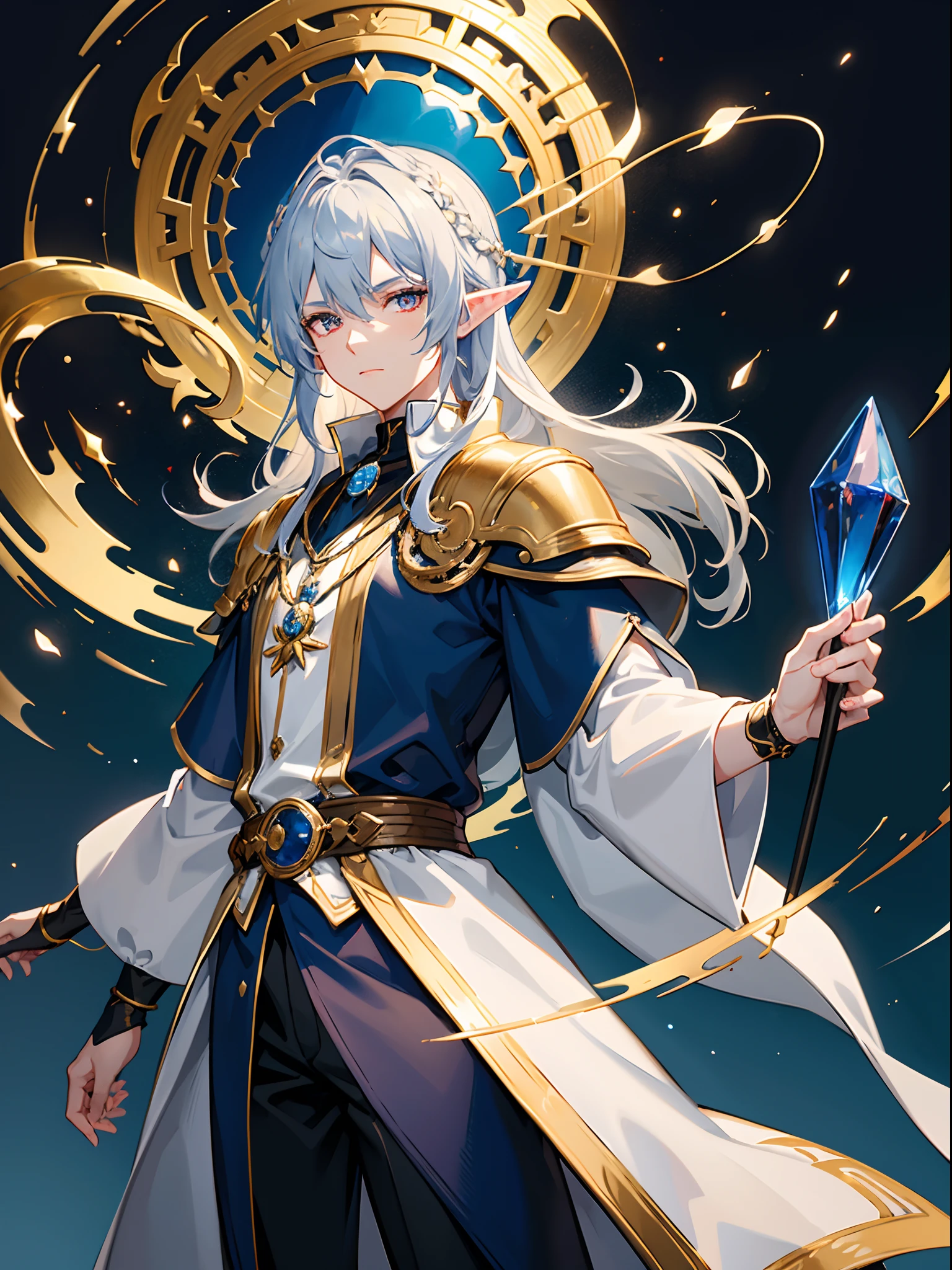 1 boy, half elf, medium length white hair, crimson eyes, holding in one hand an ebony magic staff with a large glowing sapphire crystal on one end, blue magician hat with gold trim, white collared shirt, blue vest, blue magician robe with gold inlays, black pants, fantasy city, absurdres, high res, 8k, masterpiece, looking at viewer