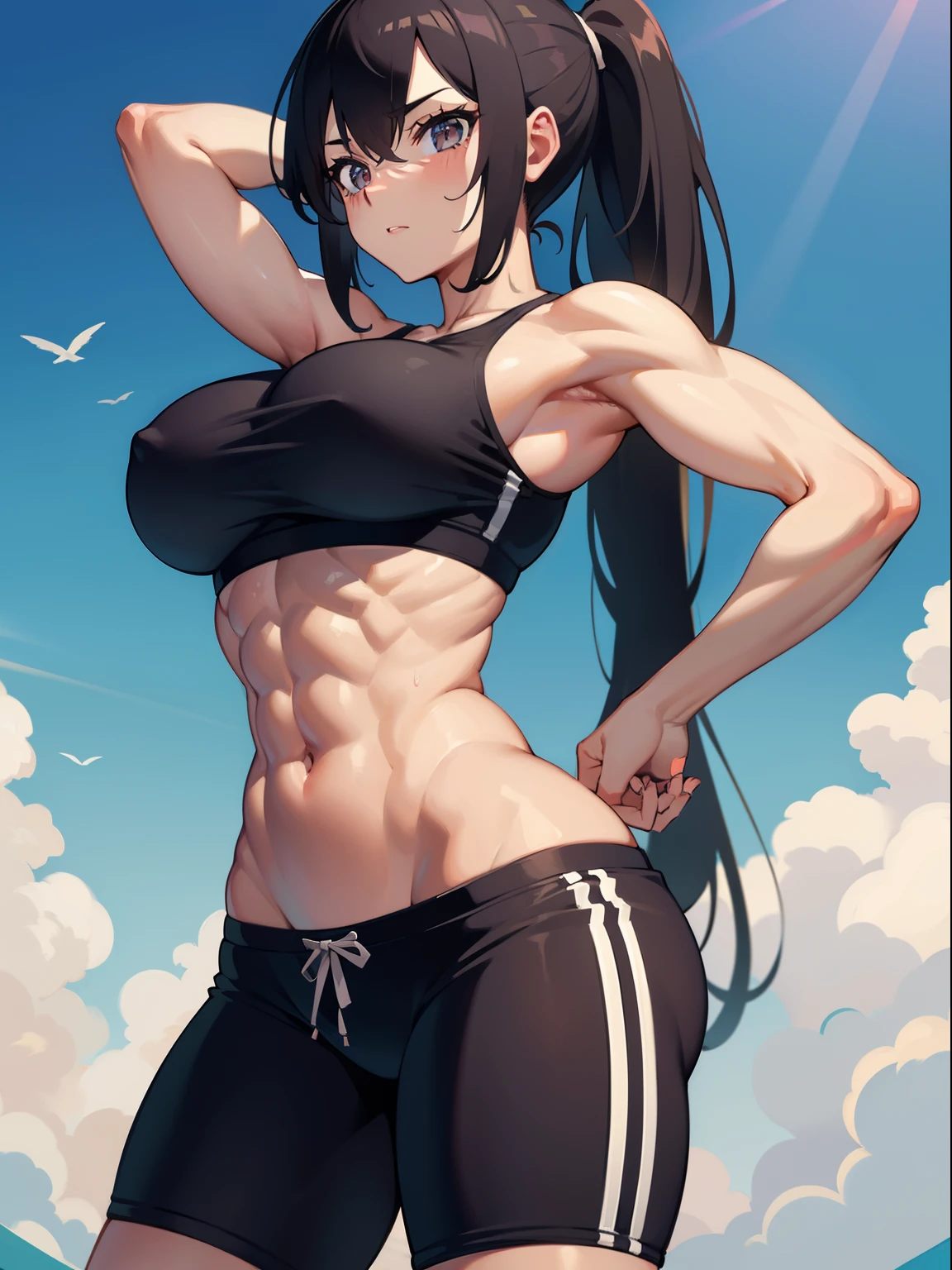 Athletic, one girl, toned body, sports bra, booty shorts, jogging clothes, toned arms, sweaty, thick thighs, large breasts, abs, solo