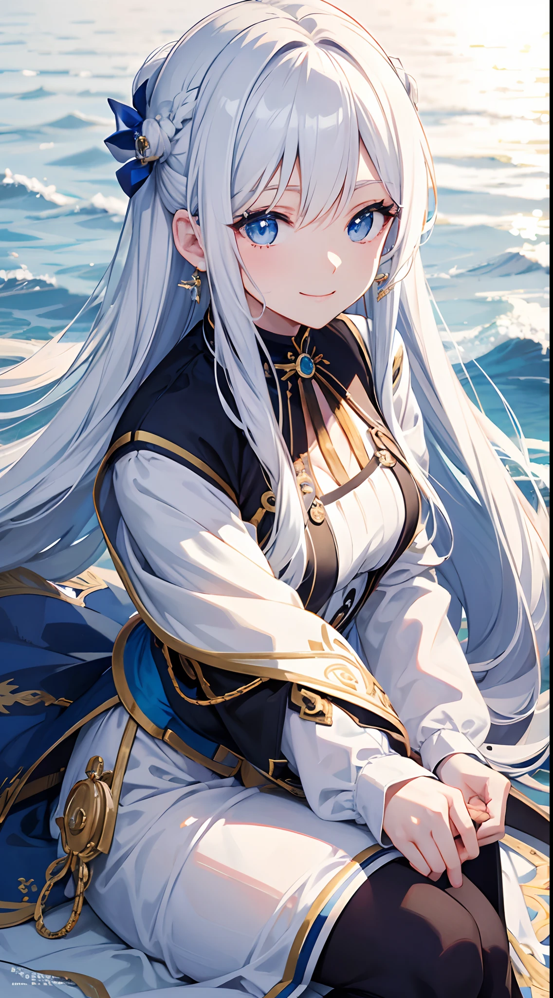 Cover magazine, anime, woman, solo, long hair, white hair, blue eyes, model, beautiful, fantasy, Casual clothes. Hair accessories. Unusual hairstyles. Earrings. Smile. Cheerful.
