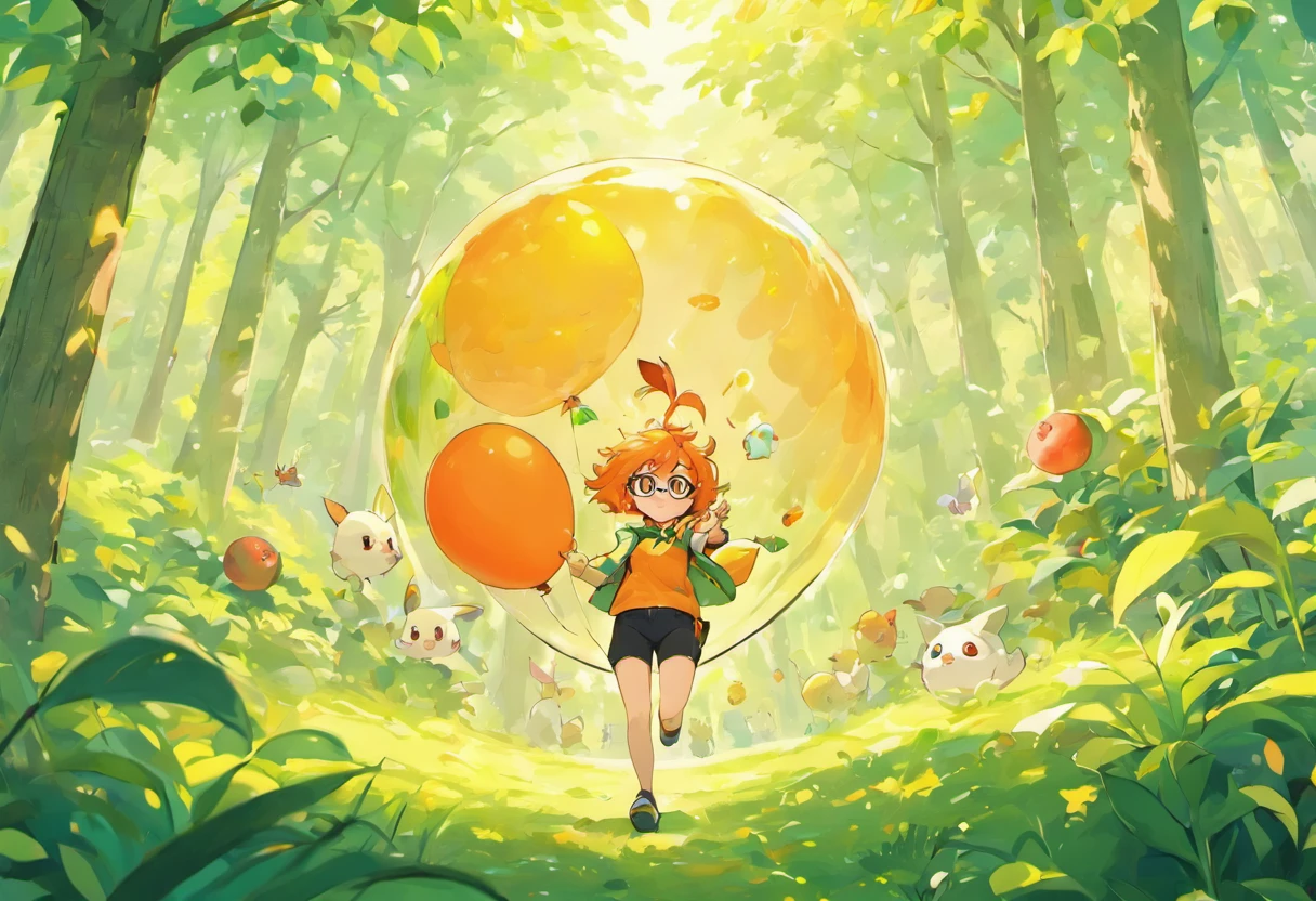 Ultra HD 3D graphics,orange hair, in the middle of the forest, surrounded by animals and fruits, a red cube balloon in the forest, golden locks, short hair, aviator glasses, rimless glasses, yellow irises, orange pupils, green shirts, black pants, energetic, determined, anime-style, illustrated, wide shot, perspective, masterpiece, highly detailed, high resolution, high quality. The overall atmosphere is gentle,