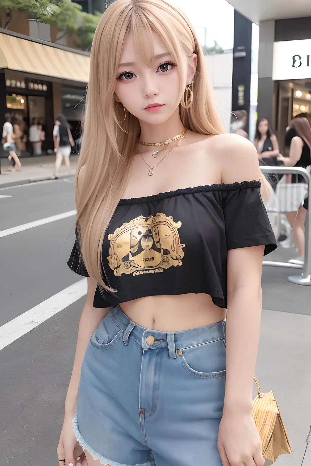 masterpiece, best quality, extremely detailed, a gyaru, very cute face, 16yo, gold hair, long hair, smile, :>, make up, mascara, lipstick, eyeshadow, piercing, off-shoulder T-shirt, denim short pants, thigh focus, foot focus, shopping mall, ,