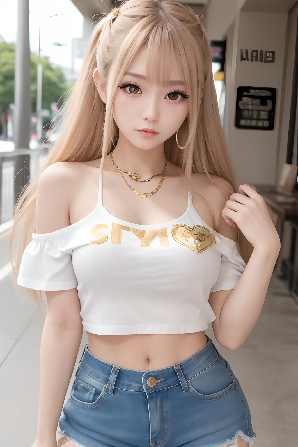 masterpiece, best quality, extremely detailed, a gyaru, very cute face, 16yo, gold hair, long hair, smile, :>, make up, mascara, lipstick, eyeshadow, piercing, off-shoulder T-shirt, denim short pants, thigh focus, foot focus, shopping mall, ,