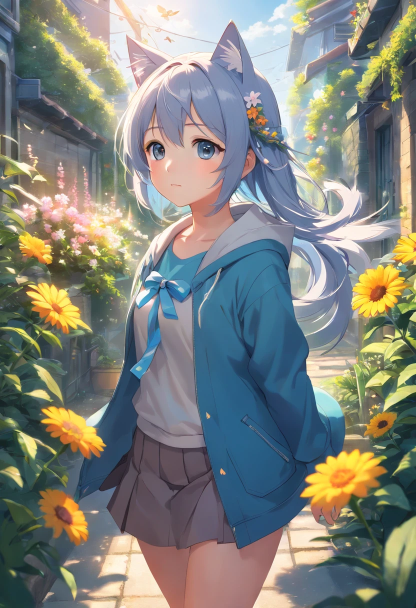 Highly detailed CG Unity 16k wallpaper:1.1), (Denoising strength: 1.45), (tmasterpiece:1.37), Original, (extremely fine and beautiful), perfect detailed, (beautiful and clear background:1.25), (1 cute girl (Cat ears and cat tail:1.2) Stand in the garden:1.1), (Cute:1.35), (Detailed beautiful eyes:1.3), (Beautiful face:1.3), casual, Silver hair, Silver Year, (Blue hair:0.8), (blue earing:0.8), Long hair, coat, Short skirt, hair blowing in wind, (Blue Eye:1.2), Flowers, (Little Girl:0.65), butterflys flying around, (Illustration), Photorealistic, (depth of fields:0.7), god rays, spark of light, Glowing light, (masutepiece)