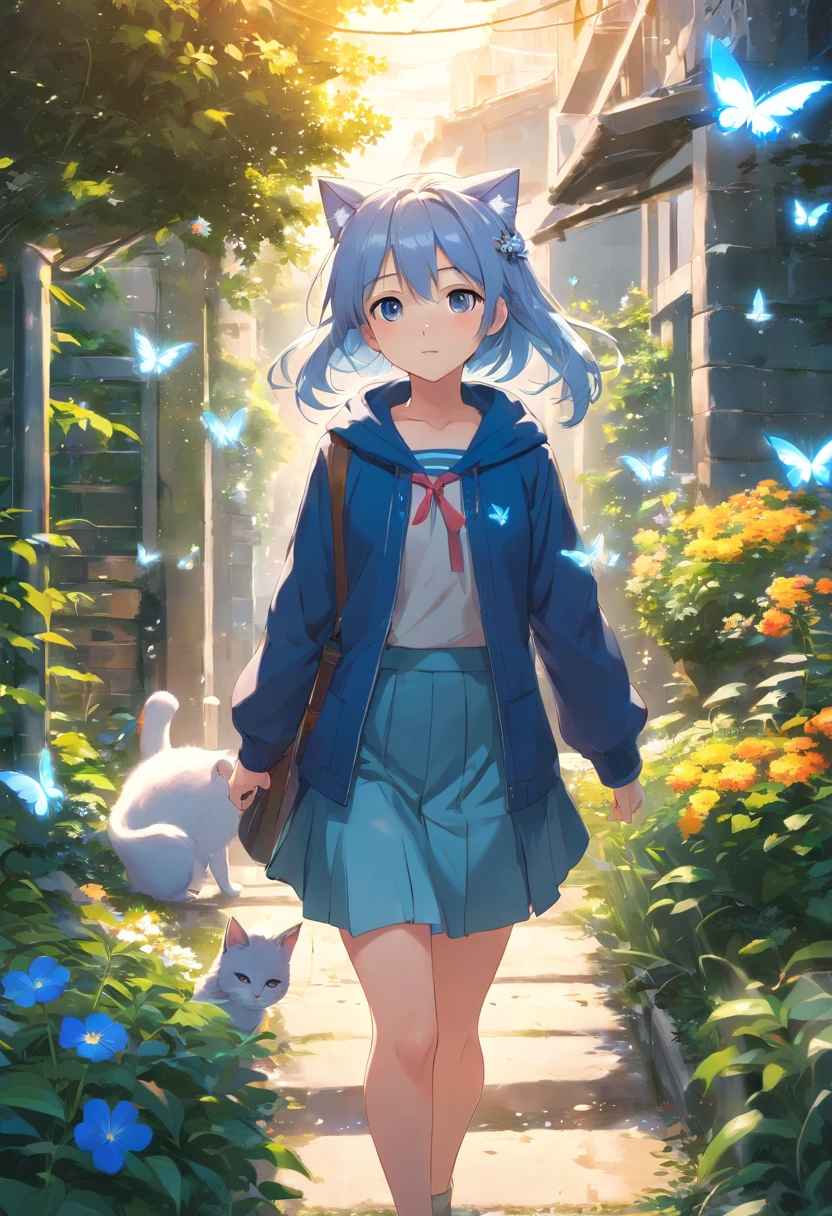 Highly detailed CG Unity 16k wallpaper:1.1), (Denoising strength: 1.45), (tmasterpiece:1.37), Original, (extremely fine and beautiful), perfect detailed, (beautiful and clear background:1.25), (1 cute girl (Cat ears and cat tail:1.2) Stand in the garden:1.1), (Cute:1.35), (Detailed beautiful eyes:1.3), (Beautiful face:1.3), casual, Silver hair, Silver Year, (Blue hair:0.8), (blue earing:0.8), Long hair, coat, Short skirt, hair blowing in wind, (Blue Eye:1.2), Flowers, ( Girl:0.65), butterflys flying around, (Illustration), Photorealistic, (depth of fields:0.7), god rays, spark of light, Glowing light, (masutepiece)