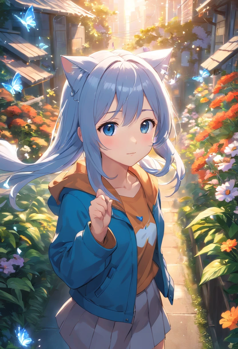 Highly detailed CG Unity 16k wallpaper:1.1), (Denoising strength: 1.45), (tmasterpiece:1.37), Original, (extremely fine and beautiful), perfect detailed, (beautiful and clear background:1.25), (1 cute girl (Cat ears and cat tail:1.2) Stand in the garden:1.1), (Cute:1.35), (Detailed beautiful eyes:1.3), (Beautiful face:1.3), casual, Silver hair, Silver Year, (Blue hair:0.8), (blue earing:0.8), Long hair, coat, Short skirt, hair blowing in wind, (Blue Eye:1.2), Flowers, ( Girl:0.65), butterflys flying around, (Illustration), Photorealistic, (depth of fields:0.7), god rays, spark of light, Glowing light, (masutepiece)