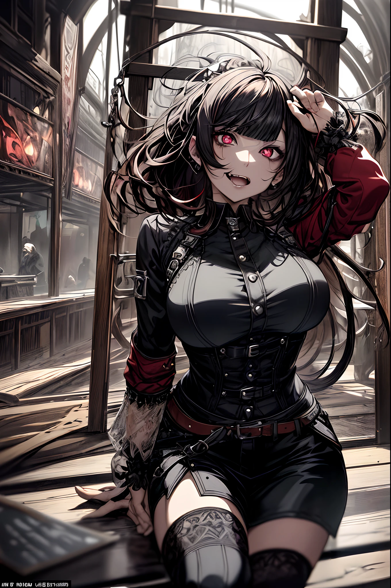 best quality, masterpiece, ultra-detailed, illustration, dynamic pose, 1girl, beautiful detailed eyes, beautiful detailed lips, extremely detailed eyes and face, long eyelashes, face scar, red eyes, black hair, looking at viewer, evil smile, heavy eyeliner, wearing a leather jacket, platform boots adorned with studded accessories, layered necklaces, bold patterns, torn fishnets, dramatic makeup, black nail polish, oversized rings, close-up shot, glossy lips, cinematic lighting, volumetric lighting, vibrant colors, ray tracing, intricate details, 8k, 4k resolution