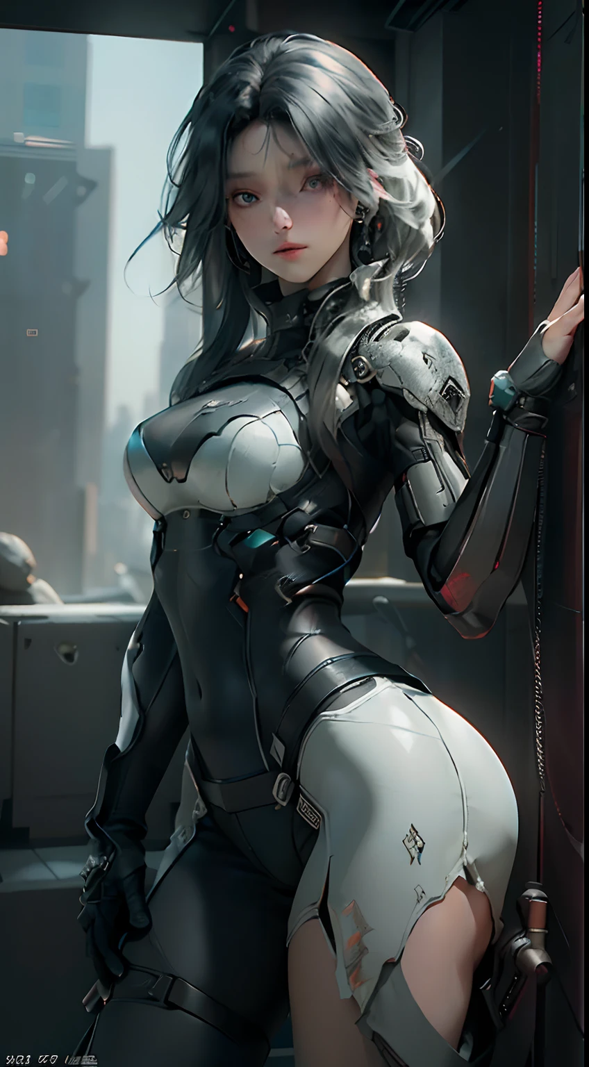 Of the highest quality, masterpiece, detail: 1.4, transparent woman with mechanical parts and transparent skin, aurora material, carbon gray material, beautiful woman in cybernetic suit, pale brightness with LEDs, open chest, skin on hips and thighs, old school printing effect, NVIDIA RTX, super resolution, textured dispersion of PBR subsurface, post-processing, anisotropy filtering, field depth, surface shading, accurate light simulation/material interaction, perfect proportions, two-color illumination, wide aperture, low ISO, white balance, 8k, NSFW, tall woman, 25 year old woman, cyber helmet with dull and bright LEDs, Open pose, cowboy shot, skin on hips and thighs, beautiful body, visible navel on bare skin, breast for gravity, (enormous breasts: 1.3), simple and minimalistic space, natural sexy poses, looking down, opaque bangs, (iridescent beautiful hair), (aurora hair interior).