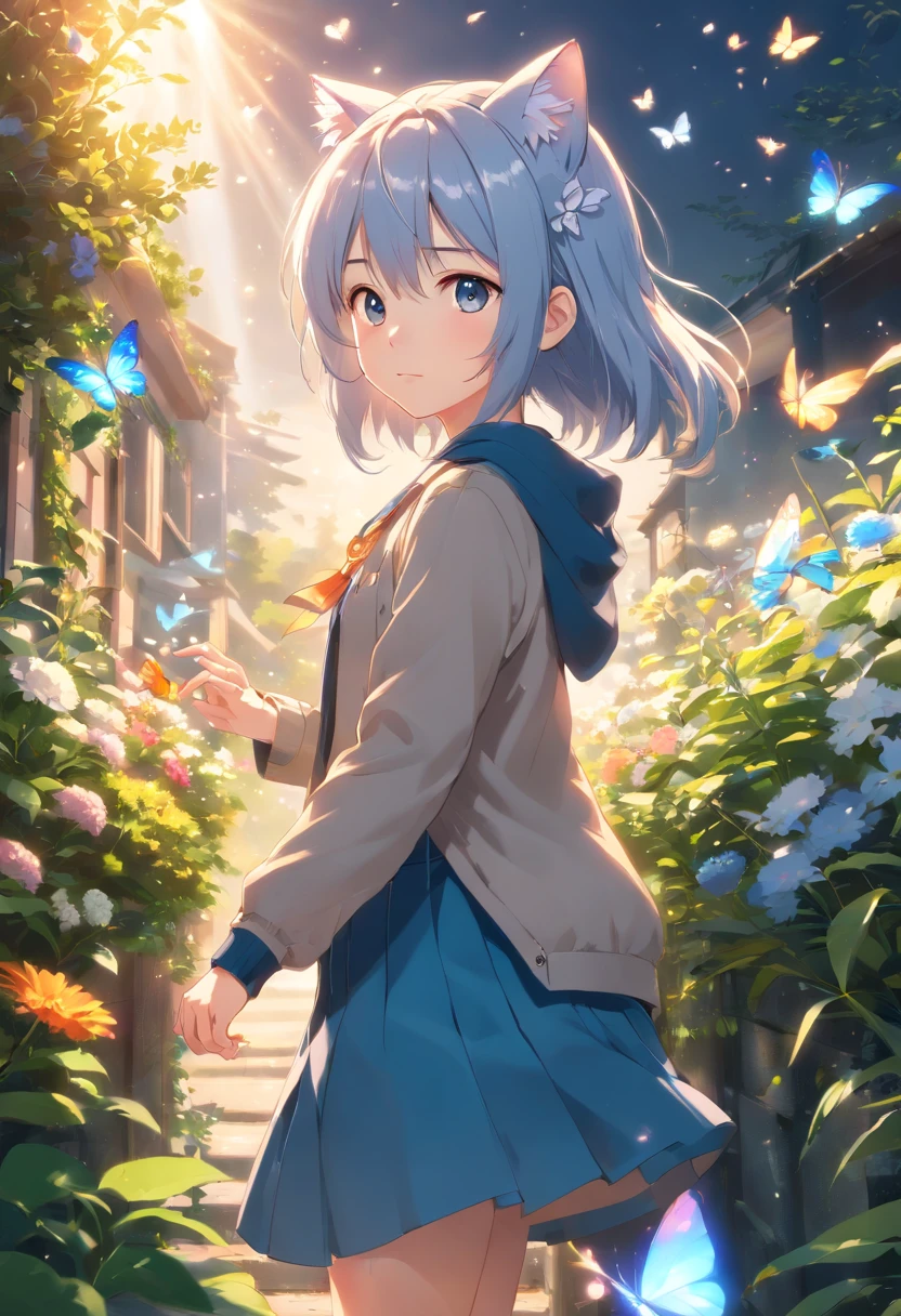 Highly detailed CG Unity 16k wallpaper:1.1), (Denoising strength: 1.45), (tmasterpiece:1.37), Original, (extremely fine and beautiful), perfect detailed, (beautiful and clear background:1.25), (1 cute girl (Cat ears and cat tail:1.2) Stand in the garden:1.1), (Cute:1.35), (Detailed beautiful eyes:1.3), (Beautiful face:1.3), casual, Silver hair, Silver Year, (Blue hair:0.8), (blue earing:0.8), Long hair, coat, Short skirt, hair blowing in wind, (Blue Eye:1.2), Flowers, (****** Girl:0.65), butterflys flying around, (Illustration), Photorealistic, (depth of fields:0.7), god rays, spark of light, Glowing light, (masutepiece)