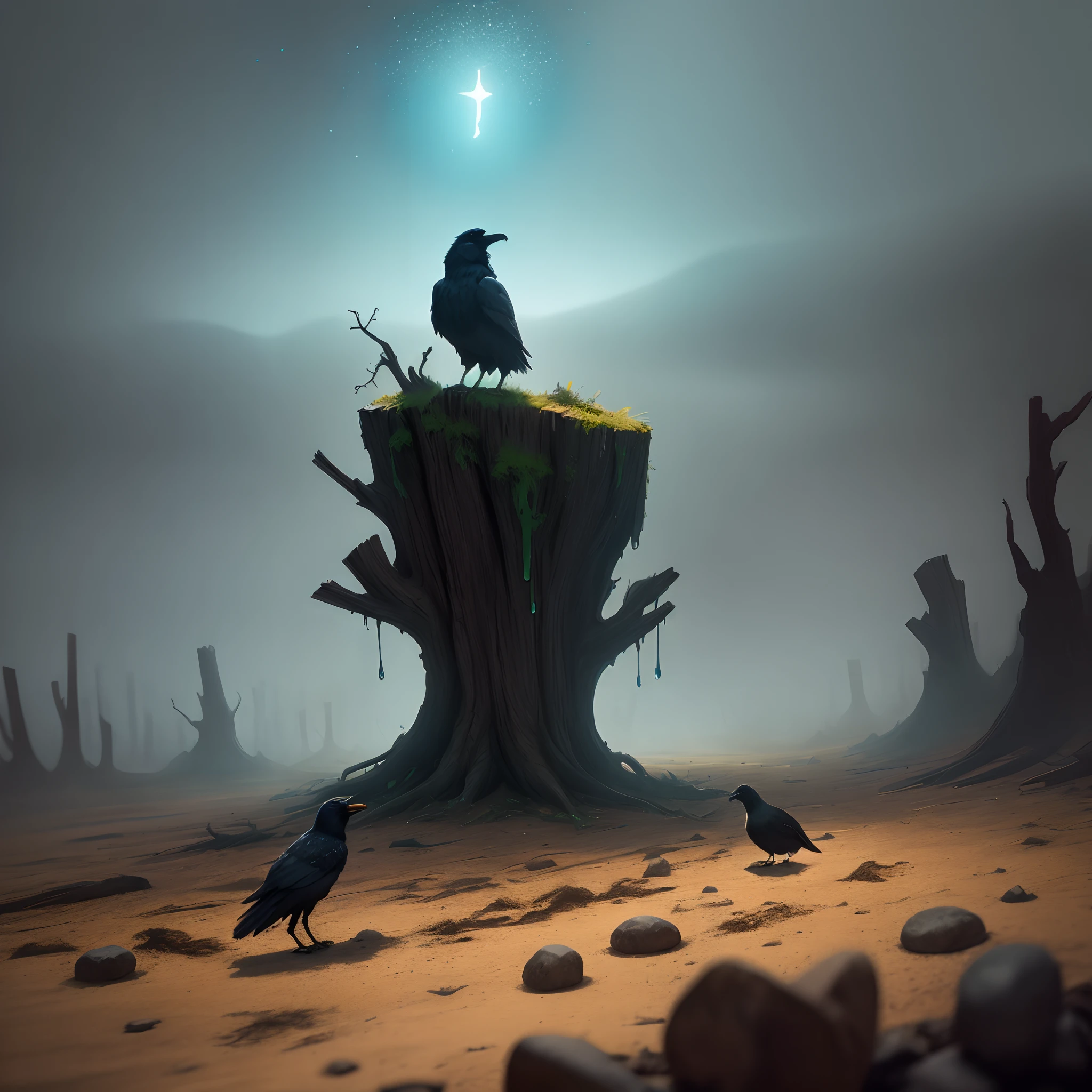 Crow on dead wood, Crows are rich in detail and realistic,Shape like the shadow of a pedestrian, There is a rabbit under the tree,He was looking at the crow with his head raised high,Starry Night, thick fog on the ground, Blue light on the horizon, Unreal engine5, Cinematic, low angle photo, Motion Blur, depth of fields, Dust, Pebbles and soil. Splash Art, Drip paint. Perfect color grading. Influence of Karel Appel and Jeremy Mann, Many dramatic and threatening scenes, ultra - detailed, Beautiful, insanely detaileda, Intricate details, Editorial Photography