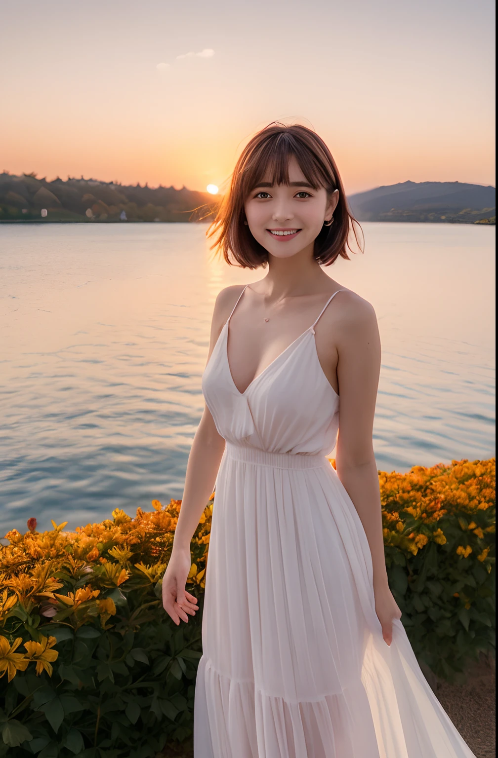 1girl, autumn, autumn_leaves, bangs, beach, blue_sky, blush, breasts, brown_hair, closed_mouth, cloud, cloudy_sky, collarbone, day, dress, field, flower, flower_field, horizon, lake, leaf, looking_at_viewer, mountain, mountainous_horizon, ocean, outdoors, palm_tree, petals, plant, red_flower, short_hair, skirt_hold, sky, smile, solo, standing, sunset, tree, twilight, water, white_dress, perfect eyes