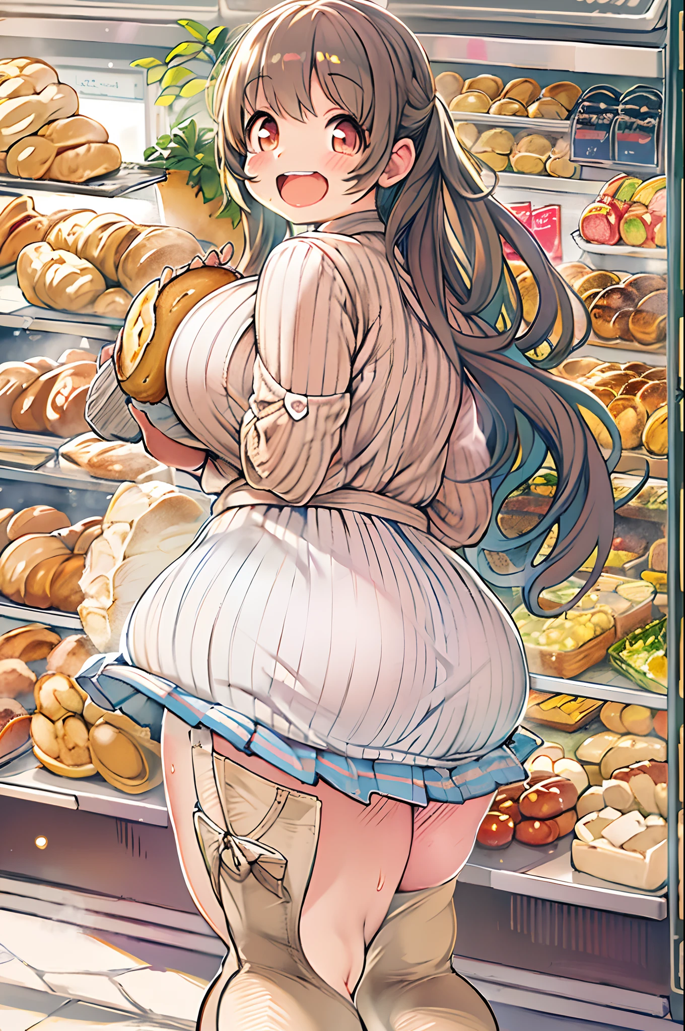 女の子1人、huge-breasted、kawaii、bbw、thick thight、big butts、Ultramammy,TThe shirt、pleatedskirt、Bakery clerk、Bread lining、A big smile