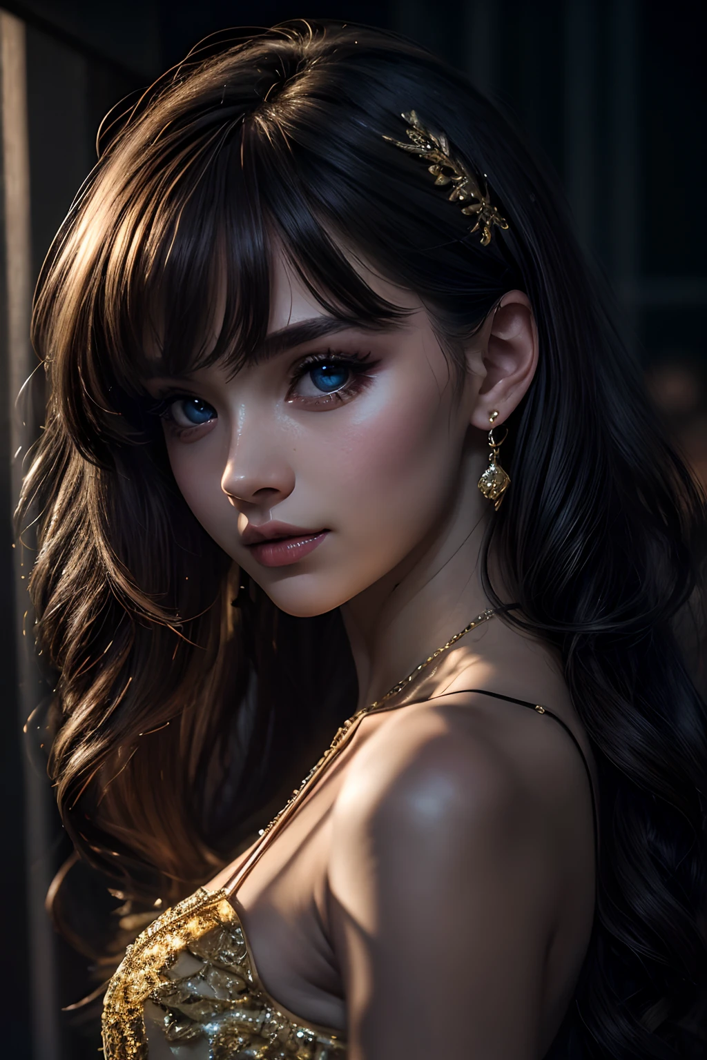 (8k,4k,Top Quality,Hi-Res:1.1),(Realistic, Photo realistic: 1.1),close up of a European,18 year old female,1 girl,solo,smiling face,elegant sparkling intricate dress,bangs,wavy hair in ponytail  gold hair,necklace,earrings,full lips,blue eyes looking at viewer,eye shadow, Mature,jewellery,beautiful,standing,small breasts, (small  hips),downtown,natural skin texture,24mm,4k textures,soft cinematic light,RAW photo, photo realism,photo realistic,intricate,elegant, highly detailed,sharp focus,((((cinematic look)))),soothing tones,insane details, intricate details,hyper detailed,low contrast, soft cinematic light,dim colours,exposure blend,hdr,faded,spaghetti strap,detailed, high contrast,