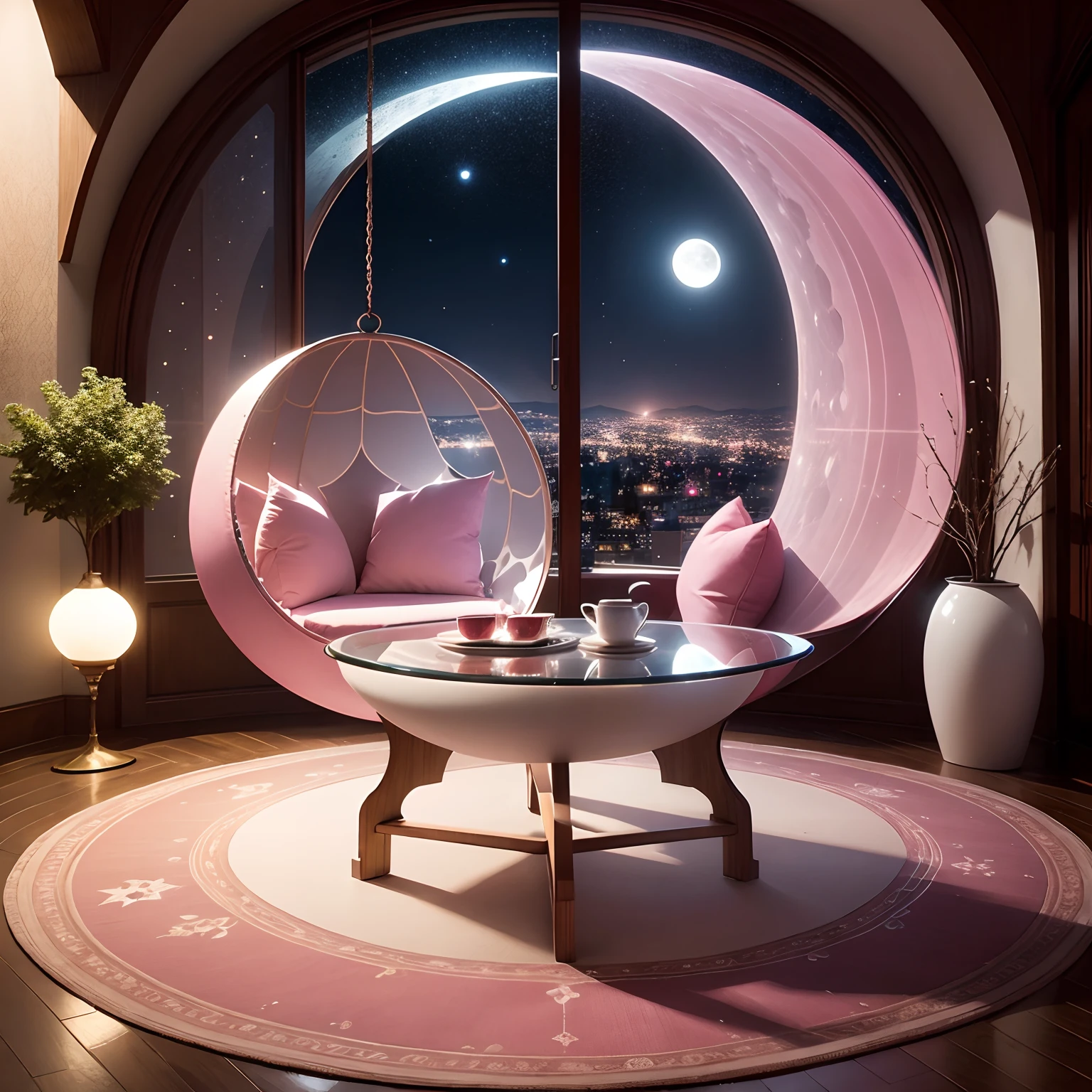 Round shaped windows The moon seen from the window Pearl ornament Pink chair Glass Table Starry sky carpet