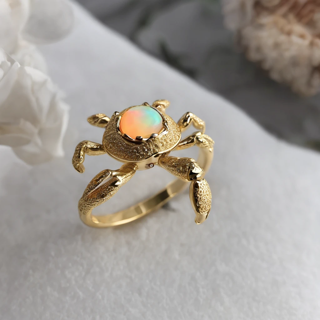 （Small crab shaped ring gravel opal ring close-up：1.2）, （Cute crab eyes and mouth），Complete limbs full of details， （Professional bezel setting）copious jewelry,  ,Platinum and gold thread，Cute shape，Cartoony，Black gold