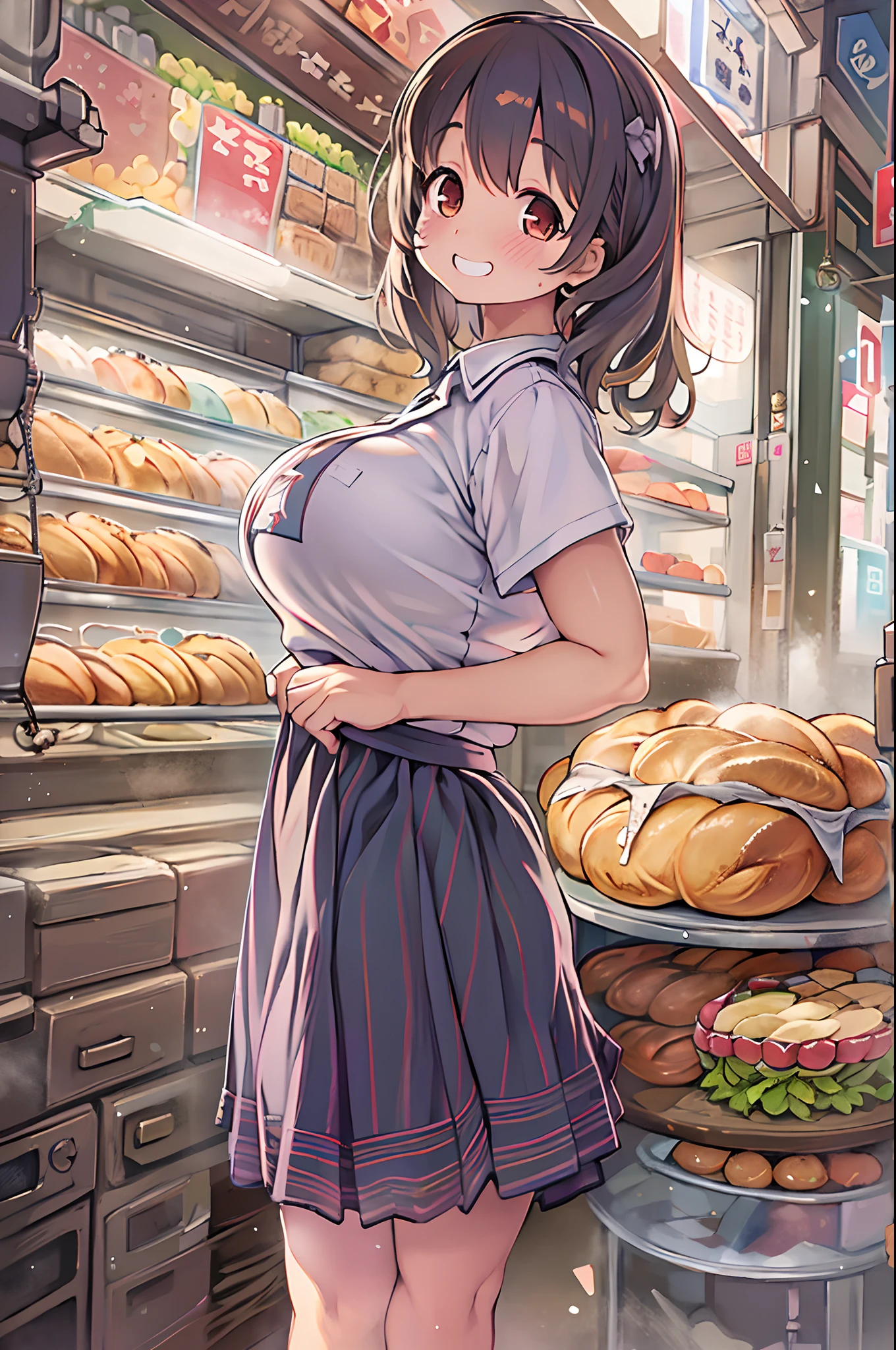 女の子1人、huge-breasted、kawaii、bbw、thick thight、big butts、Ultramammy,ＴThe shirt、pleatedskirt、Bakery、Bread lining、A big smile