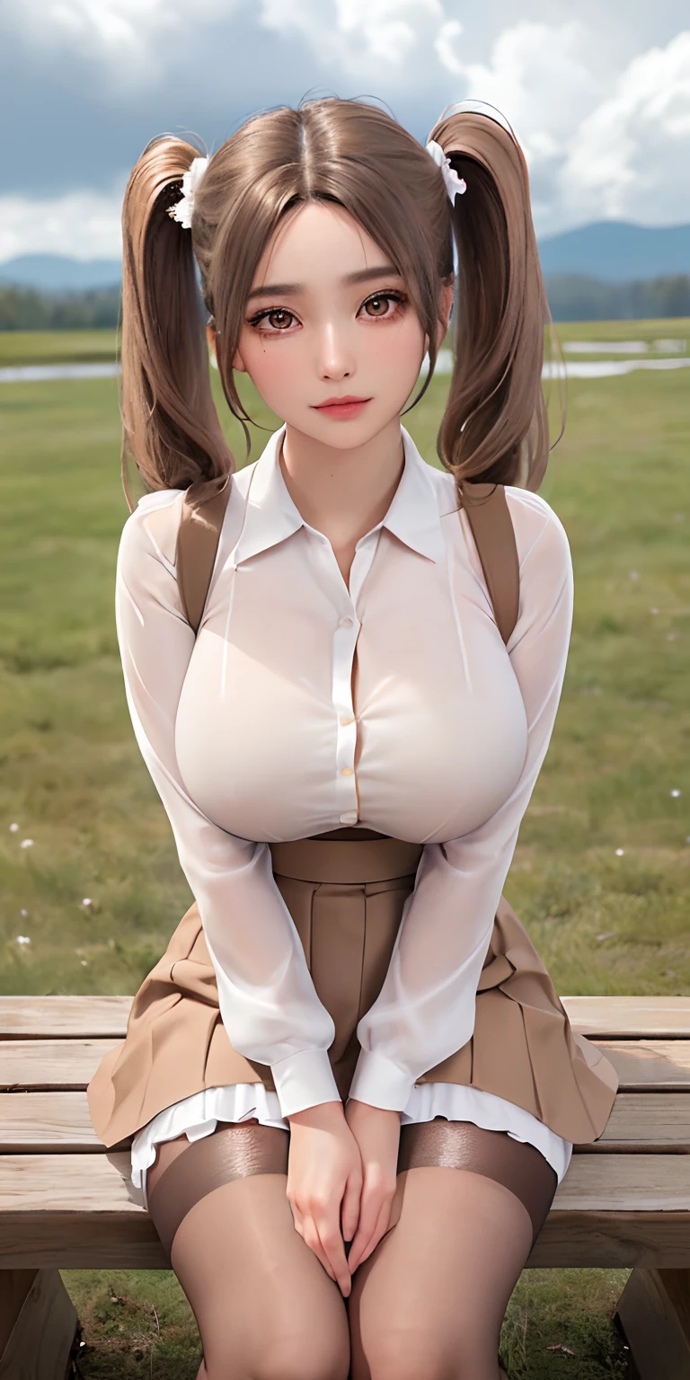 RAW, 1girl, pure eros face,solo, colorful, (masterpiece, best quality:1.3), (absurdres:1.3),(photorealistic:1.3), (detailed skin:1.3, detailed face:1.3), sitting, beautiful face, beautiful eyes,looking at viewer, sharp focus, delicate, (beautiful cute_girl:1.3),curvy,(large breasts,narrow :1.1,thick thighs:1.2,),  longeyelashes,(shiny skin), light smile, (brown_twintails:1.3),(big_eyes:1.2, brown_eyes), (brown_gloss_eyeshadow:1.2), pink_lips, white frilled shirt, beige_suspender skirt / black_pantyhose, willow, wooden bench, flower, grass, lake, (cloudy sky:1.3), (rain:0.5),