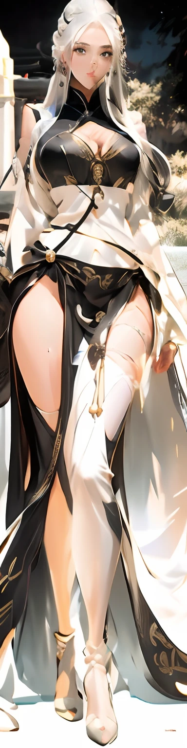 a woman in a white dress standing in front of a tree, full body xianxia, anime woman fullbody art, full - body artwork, full figure poster, single character full body, official character art, official art, whitebangsblackhair, official character illustration, xianxia, full body single, garter belt, nude