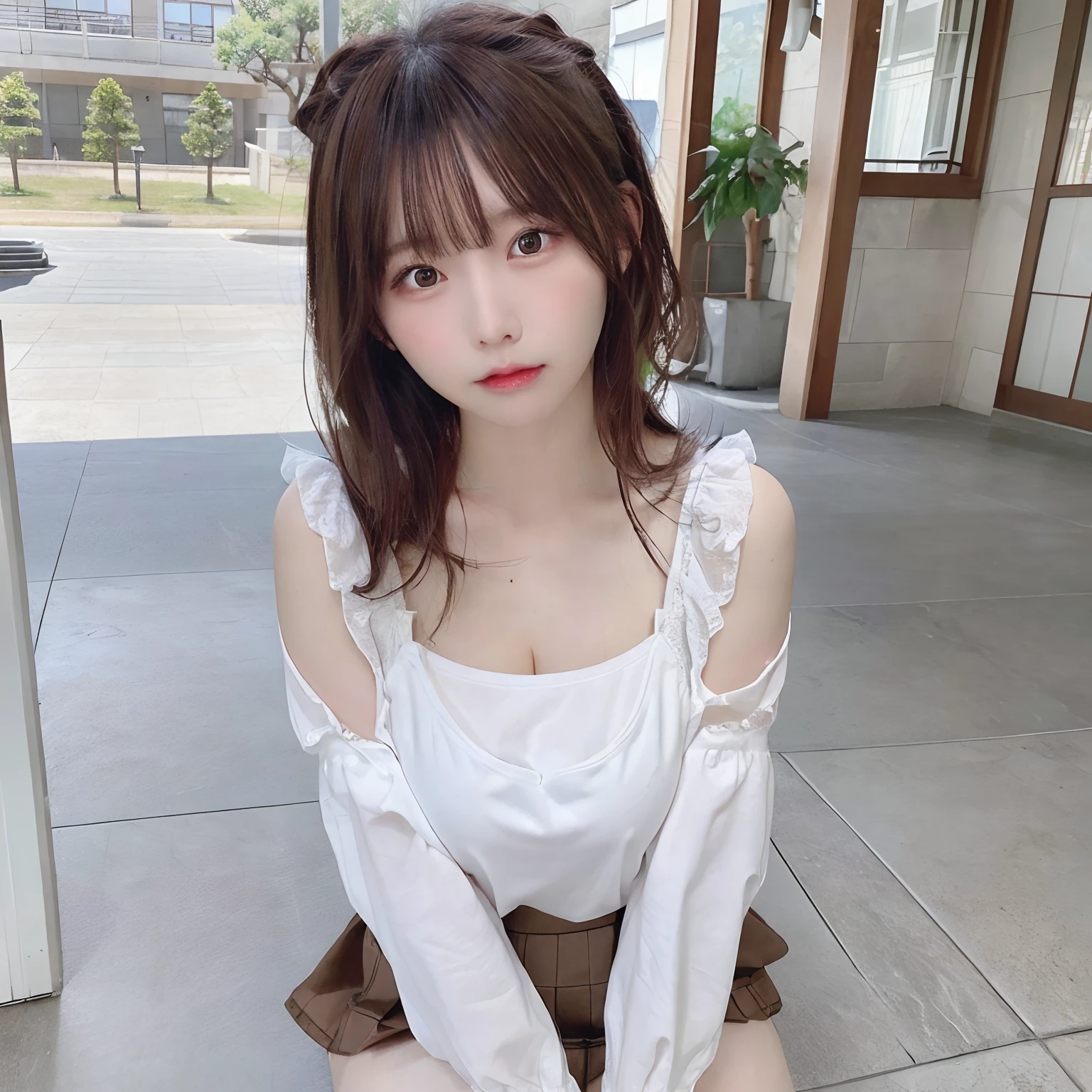 teens girl(​masterpiece:1.4)、(in 8K、realisitic、Raw photo、top-quality:1.4)、japanes、(Real Face:1.4)、(real looking skin:1.3)、超A high resolution、A hyper-realistic、Brown Long Hair、Bangs Center Part、beautiful finely detailed eyes、Brown eyes、high detailing、(super gigantic breast:1.5)、校服、white  shirt、a short skirt、Embarrassed look、Popular Korean Makeup、outside of house