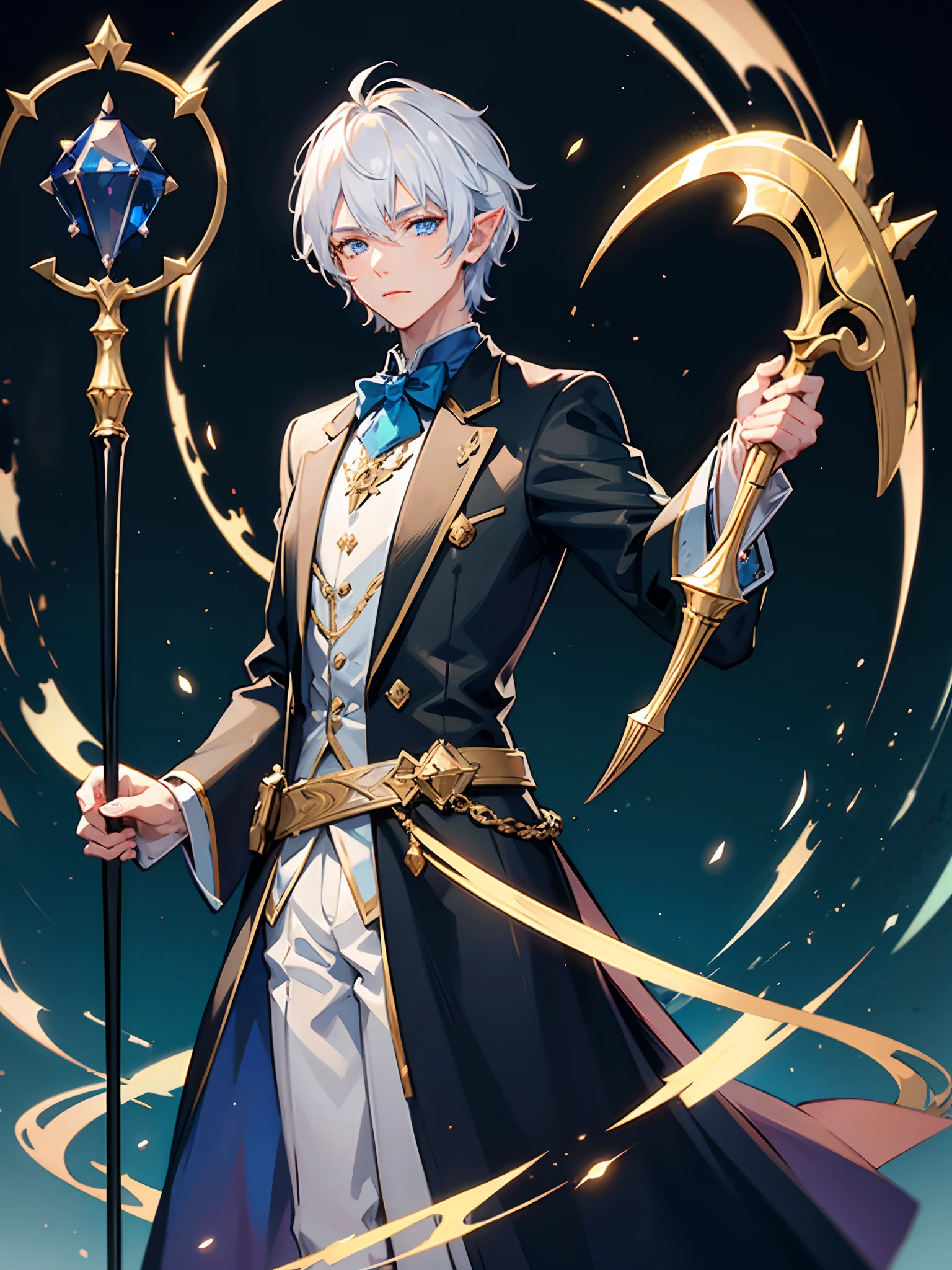 1 boy, half elf, medium length white hair, crimson eyes, holding in one hand an ebony magic staff with a large glowing sapphire crystal on the top of the staff, blue magician hat with gold trim, white collared shirt, blue vest, blue magician robe with gold inlays, black pants, fantasy city, absurdres, high res, 8k, masterpiece, looking at viewer