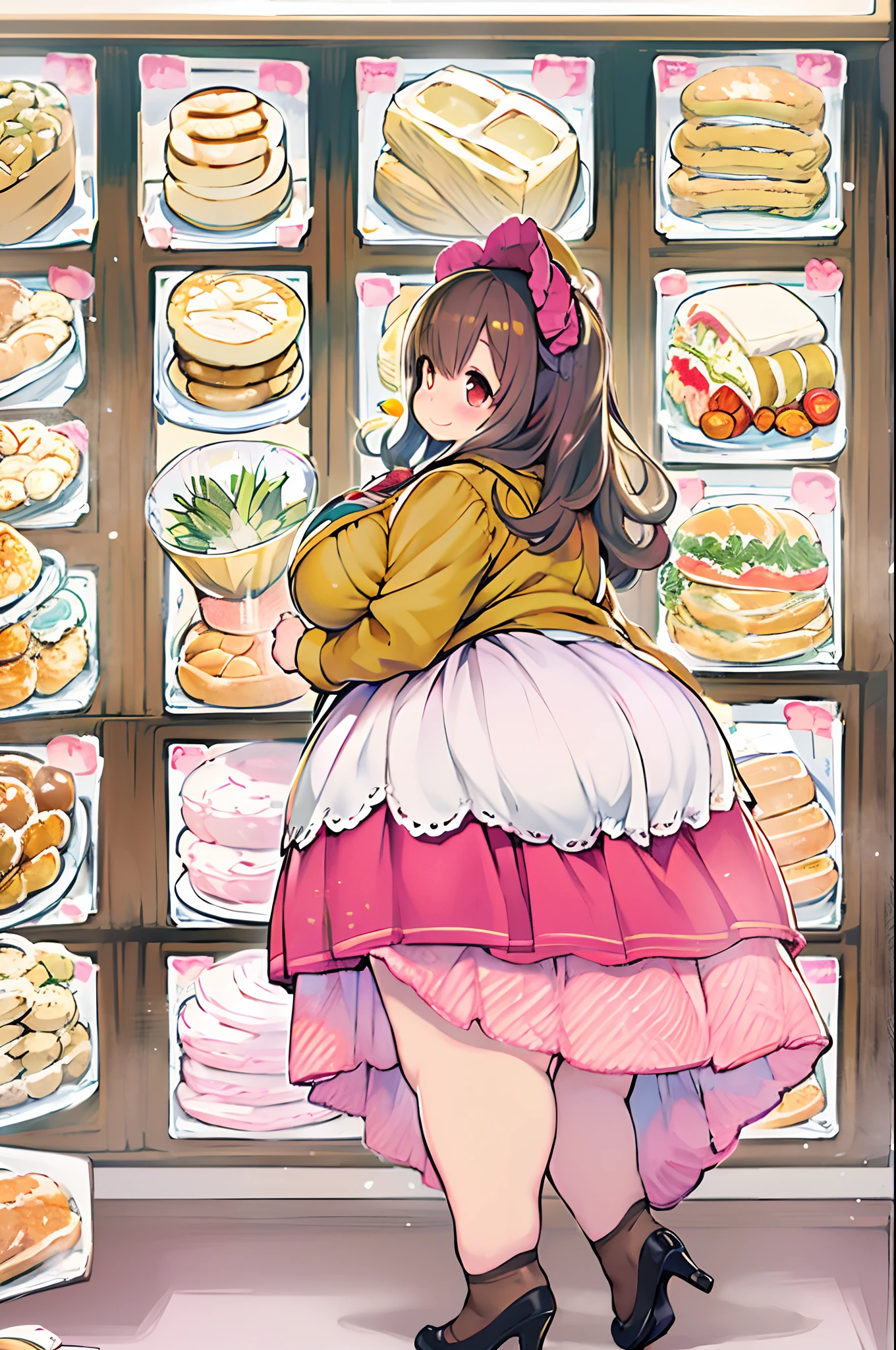 1人、huge-breasted、kawaii、bbw、thick thight、big butts、Ultramammy,TThe shirt、pleatedskirt、Bakery、Baker、Bread lining、A big smile