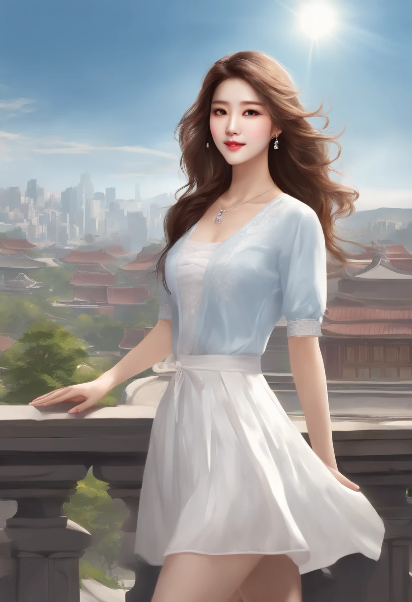 official art, masterpiece, sharp focus, (beautiful gorgeous cute Korean woman:1.3), (beautiful cute korean:1.3), korean beauty, Delicate and beautiful hair and eyes and face, realistic, ultra detailed, beautiful girl, blue sky, glow white particle, (sidelighting:1.2), sun light, white cloud, detailed clouds, slender, Lovely very large breasts and very large hips, smile with teeth, ((smile with eyes, open both eyes)), scenery, long straight hair, sexy facial expression, building, (cityscape:1.7), dynamic hair, long straight hair, detailed platinum pink hair, glow blue eyes, (blue pleated shirts + white skirt), white long socks, pale skin, hair ornament, epic scenery,