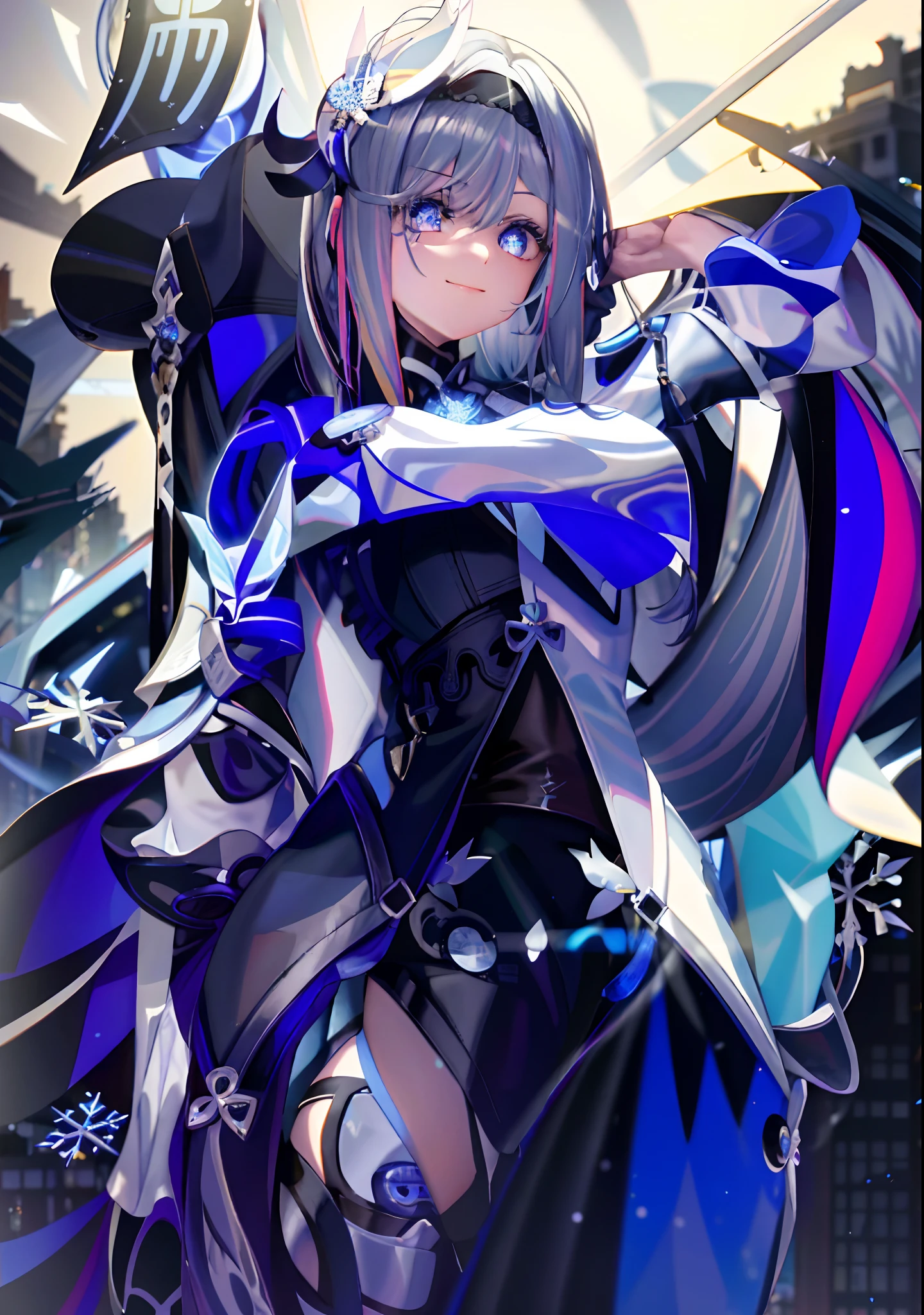 beste-Qualit、1 girl、eula(Genshin Shock)、silver haired,blue eyes、hairlong、earphones、look to the audience、white hoodie、Short shorts、Gunforster on his feet、snowflake、night city、Neon Street、Dark smile、cyber punk