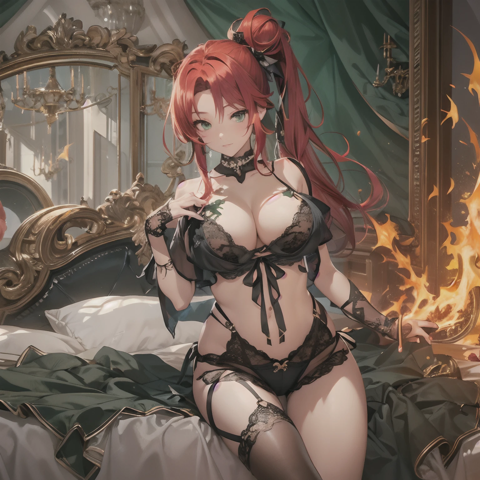 NSFW, a singular beautiful anime woman (age 25)(one woman), fire-red colored hair, emerald-green colored eyes, detailed face, intricate black-colored motif lingerie, thigh-strap, long tight leggings, hair ornament, hair-bun, comfy and bright bedroom background, showing off her body for the viewer, sexy pose, laying on top of the bed showing off boobs, boobs showing, thicc, inviting, full-body