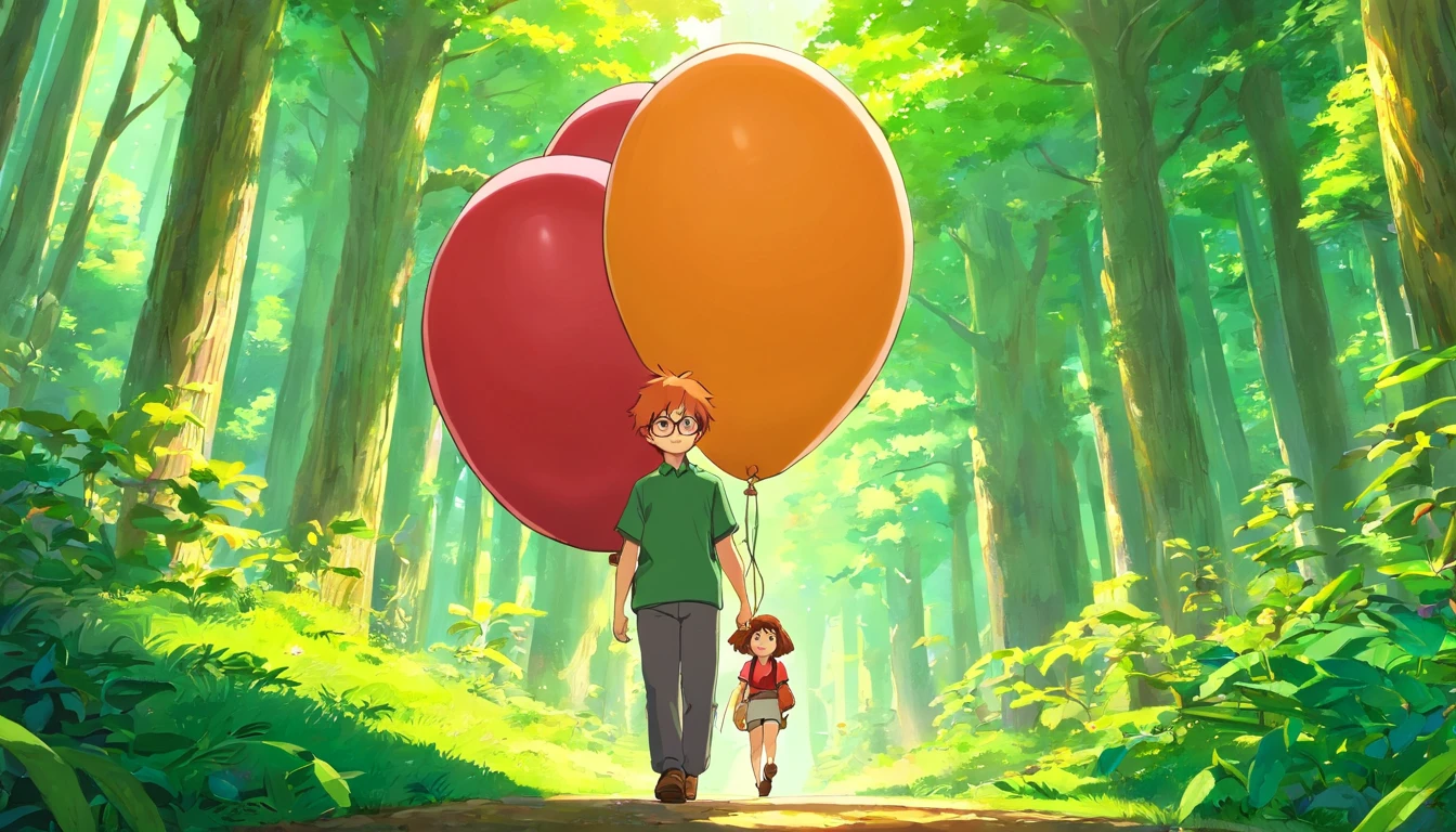 delicated face,a boy, orange hair, in the middle of the forest, surrounded by animals and fruits, a red cube balloon in the forest, golden locks, short hair, aviator glasses, rimless glasses, yellow irises, orange pupils, ((green shirts)), black pants, energetic, determined, anime-style, illustrated, wide shot, perspective, masterpiece, highly detailed, high resolution, high quality