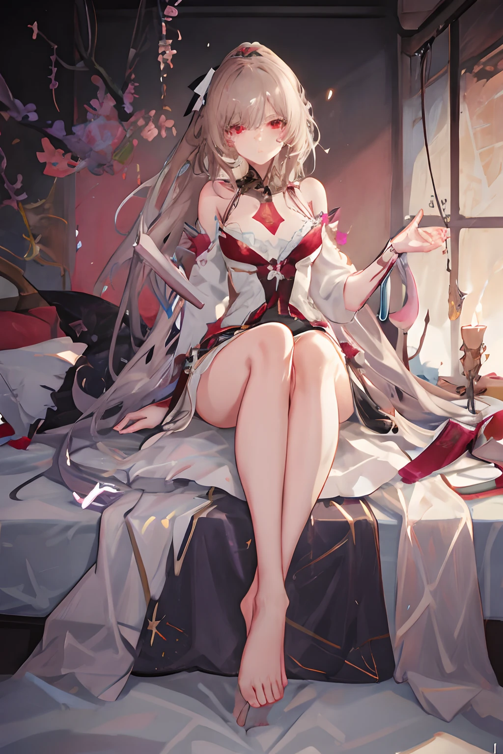 (Mature and charming girl:1.4), Pink background,Solo, full bodyesbian, Single ponytail,Sitting, Dynamic Angle, White hair, breast enhancement, frilld, 3yo, Brown hair, Long hair, Night, Starry sky, Dark, Sleepy, Want to sleep, Red eyes, Covered breasts,Shy, Blushing girl in pajamas seductive pose, with a shy expression on her face,The composition should exude a blend of sensuality and innocence,sit on a bed，Show your legs to the landscape,The background should be visually captivating,Permeable pajamas, Lace pajamas,camel-toe,Panties,