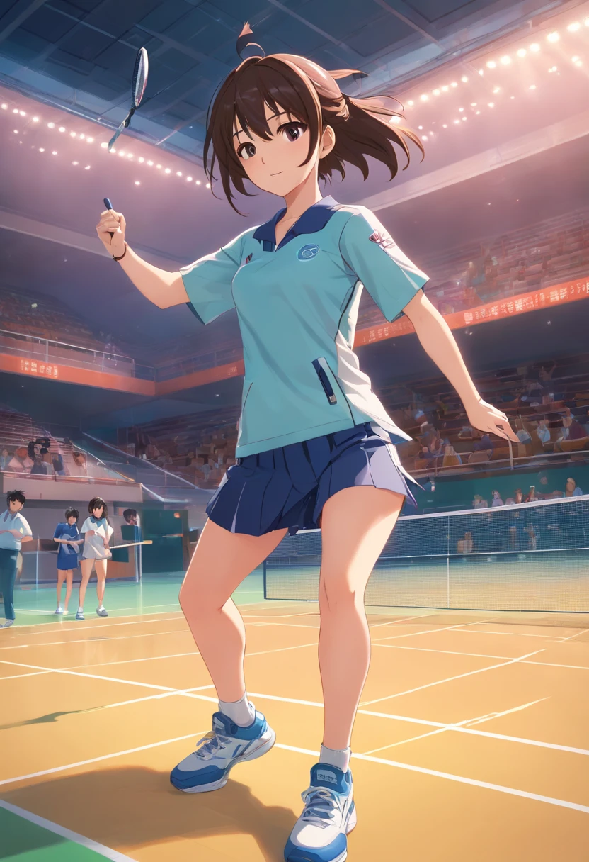 A Japanese girl who looks like Keiko Kitagawa smashes on the badminton court，Wear sportswear，3D in-game characters，Royal sister style