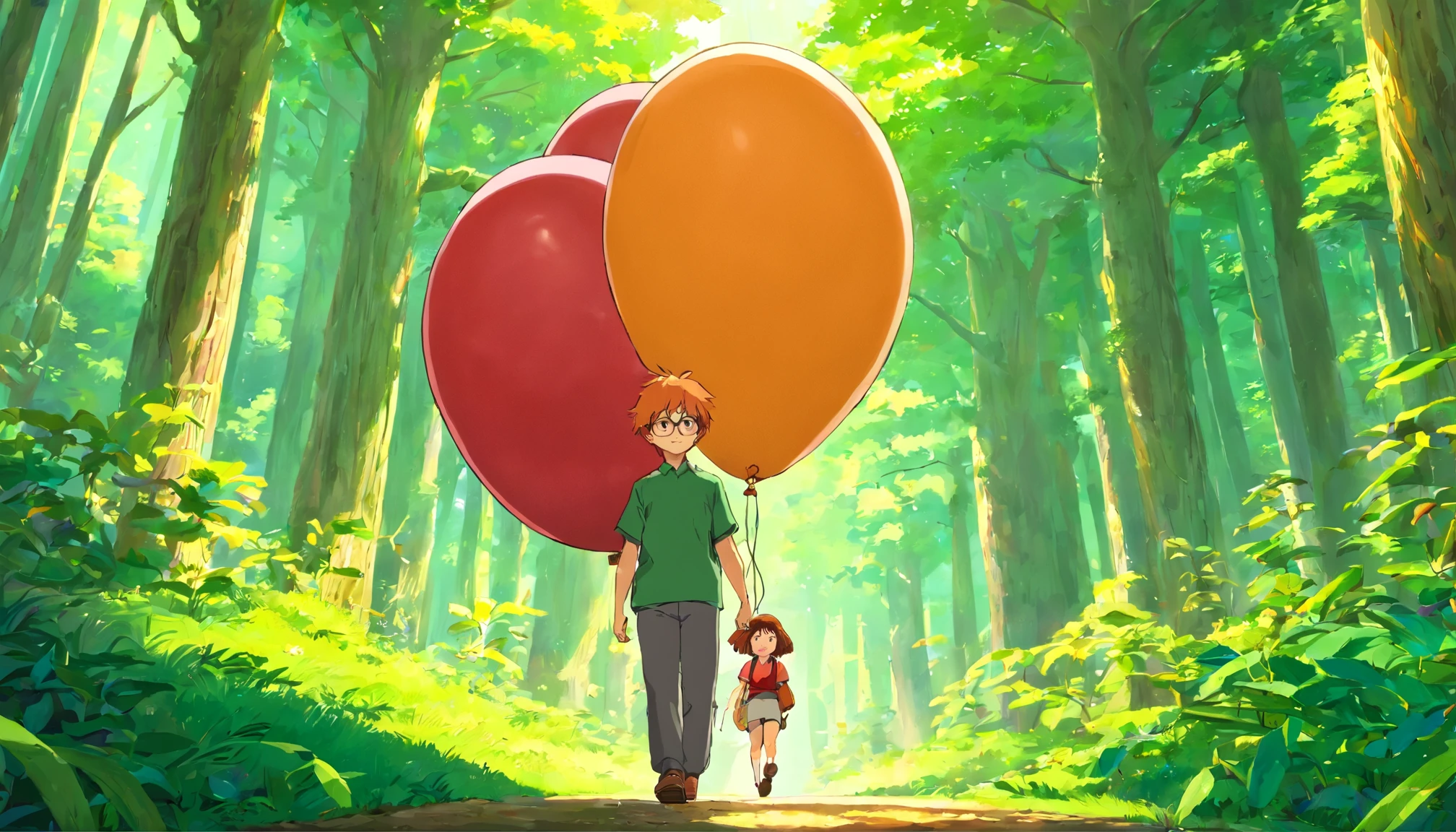 delicated face，a boy, orange hair, in the middle of the forest, surrounded by animals and fruits, a red cube balloon in the forest, golden locks, short hair, aviator glasses, rimless glasses, yellow irises, orange pupils, ((green shirts)), black pants, energetic, determined, anime-style, illustrated, wide shot, perspective, masterpiece, highly detailed, high resolution, high quality